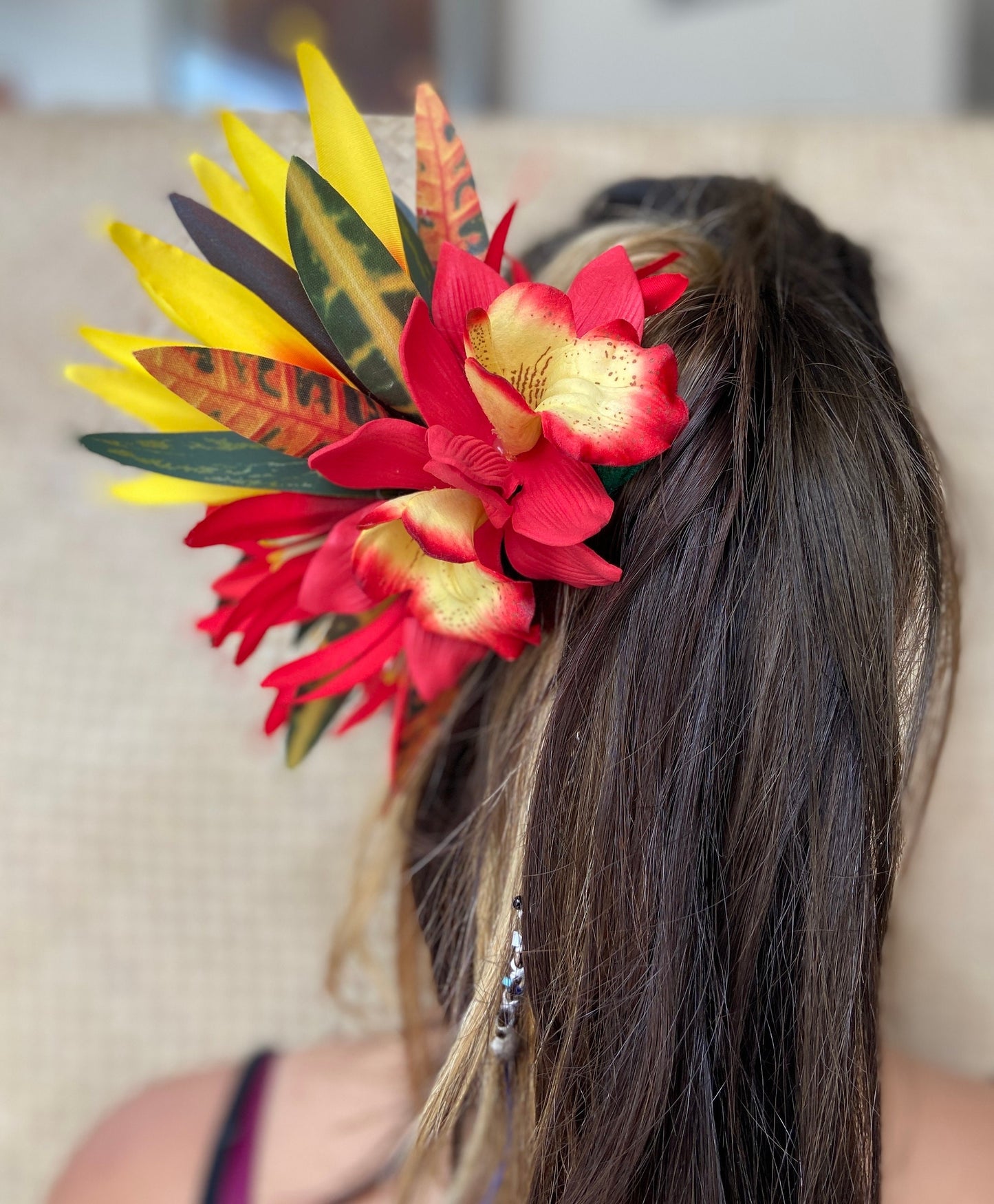 Royal Hawaiian Orchid Hair Clip Tahitian Headdress Costume Aparima Ahuroa Statement Piece Spider Lily Floral Artificial Ti Leaf Hairpin