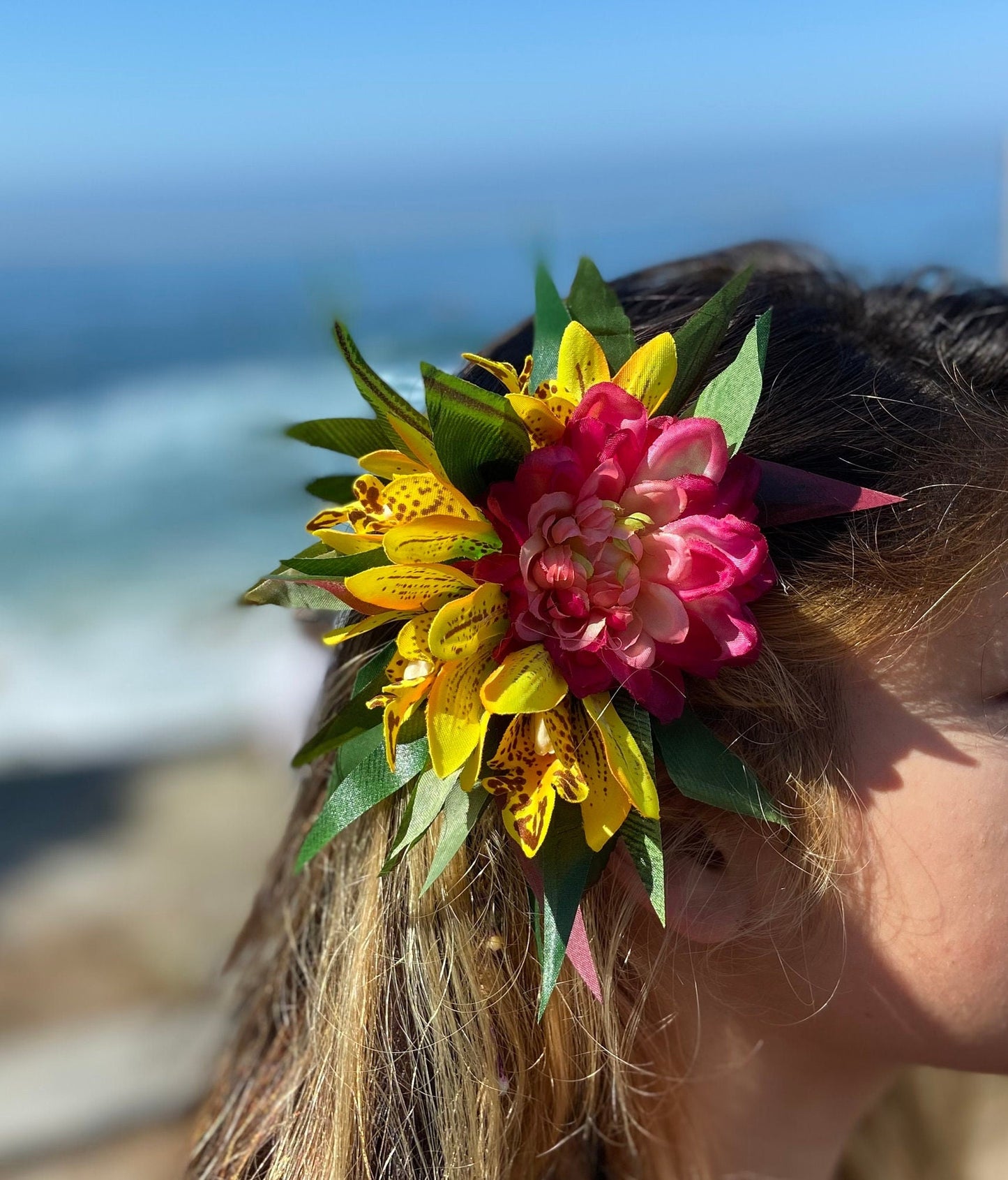 Hawaiian Hair Clip Tahitian Costume Hair Adornment Dahlia & Golden Leopard Orchids Artificial Ti Leaf Tropical Hair Pin