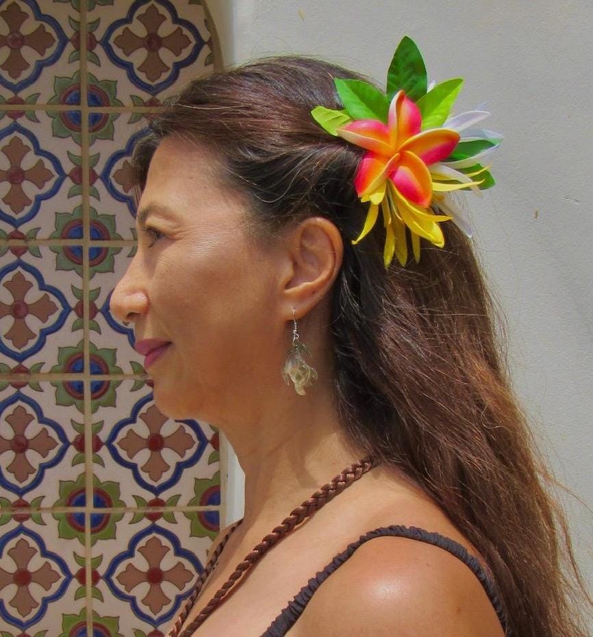 Hawaiian Plumeria Hair Clip Tahitian Costume Accessories Maile & Spider Lily Artificial Ti Leaf Tropical Hairpin Aparima Ahuroa Otea Solo