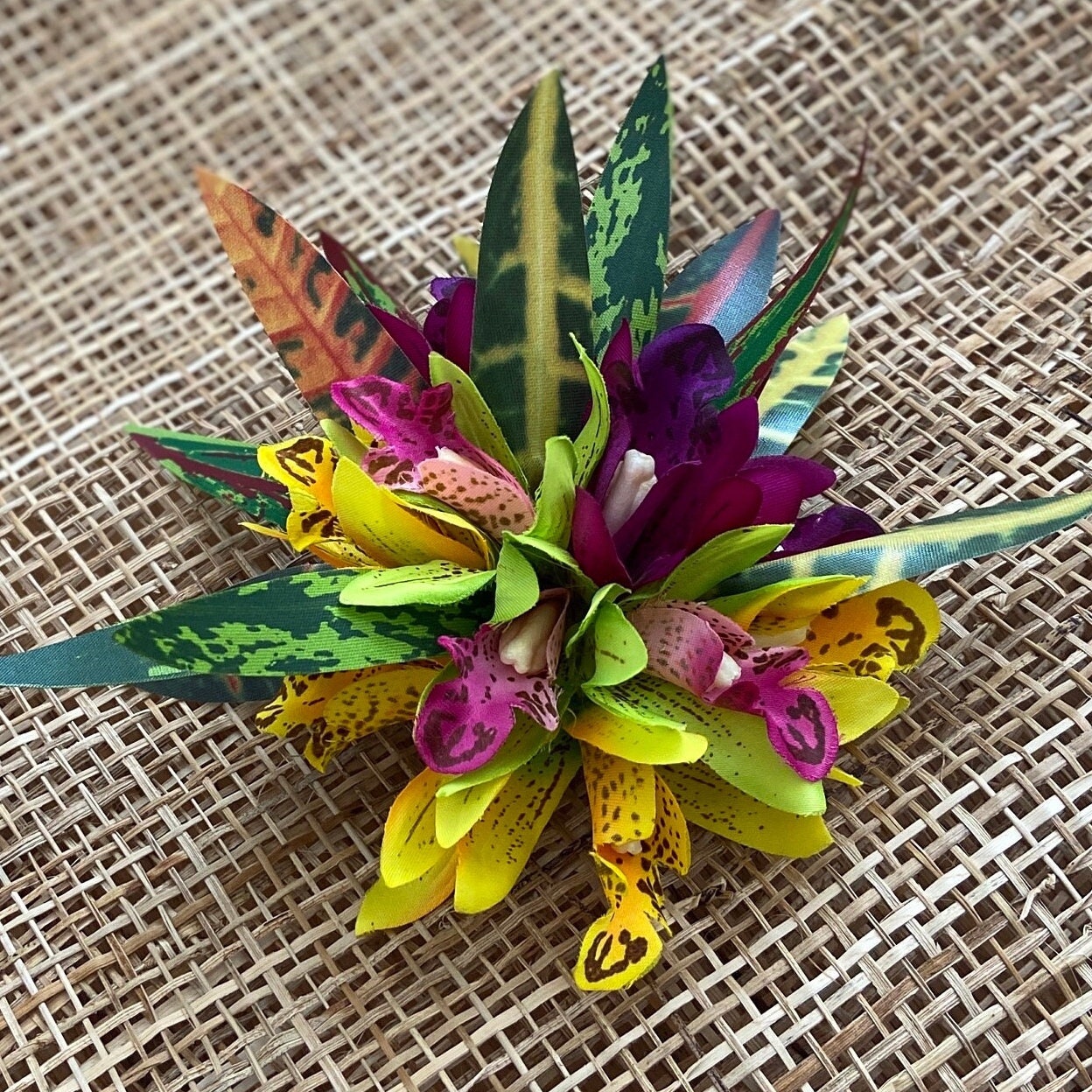 Hawaiian Hair Clip Tahitian Costume Orchids & Fire Croton Artificial Silk Ti Leaves Polynesian Dance Haku Lei Heiva Headdress Flower Crown