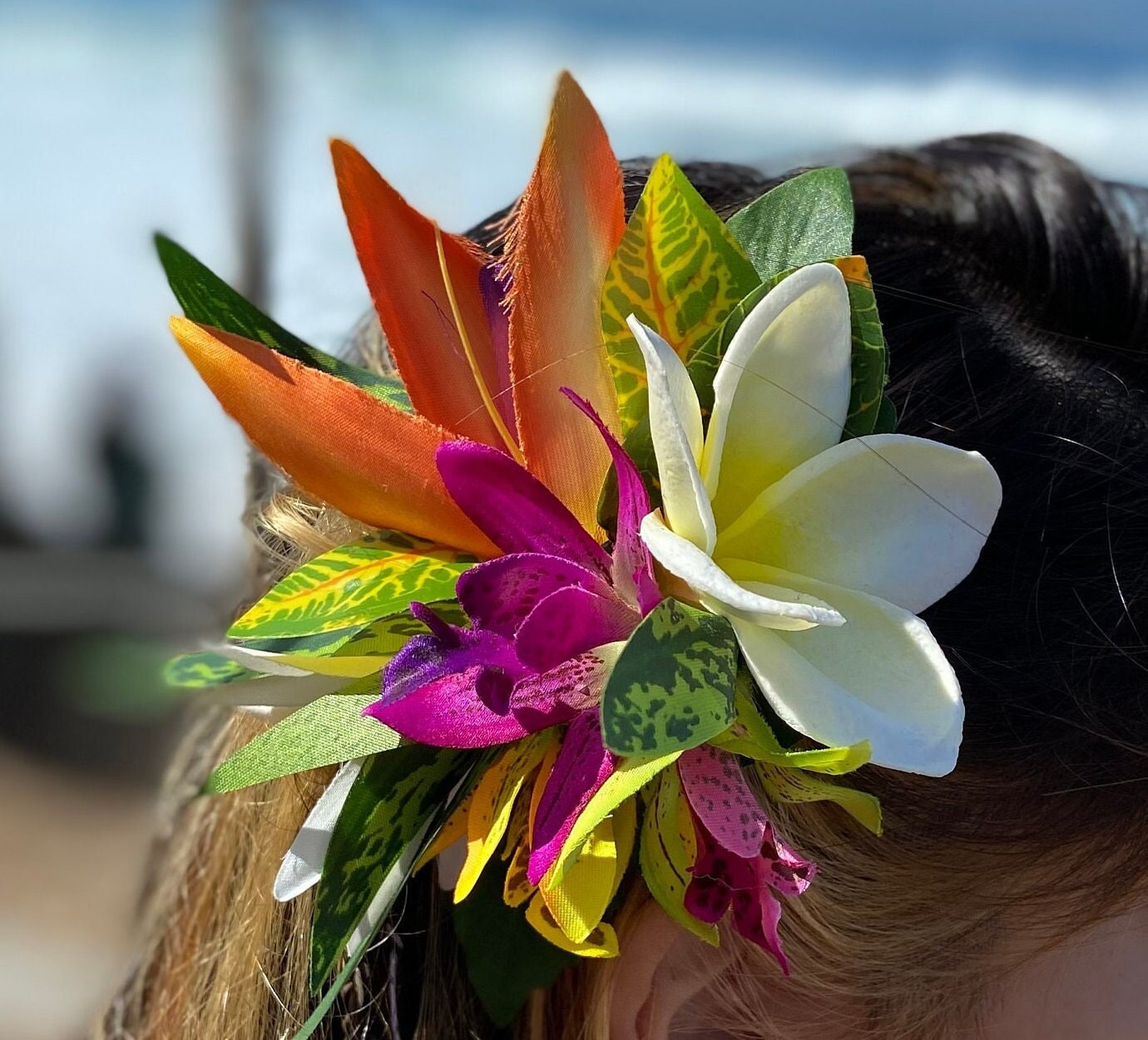 Hawaiian Hair Clip Tahitian Costume Hair Adornment Real Touch Plumeria Orchid Bird of Paradise Artificial Ti Leaf Tropical Hair Pin