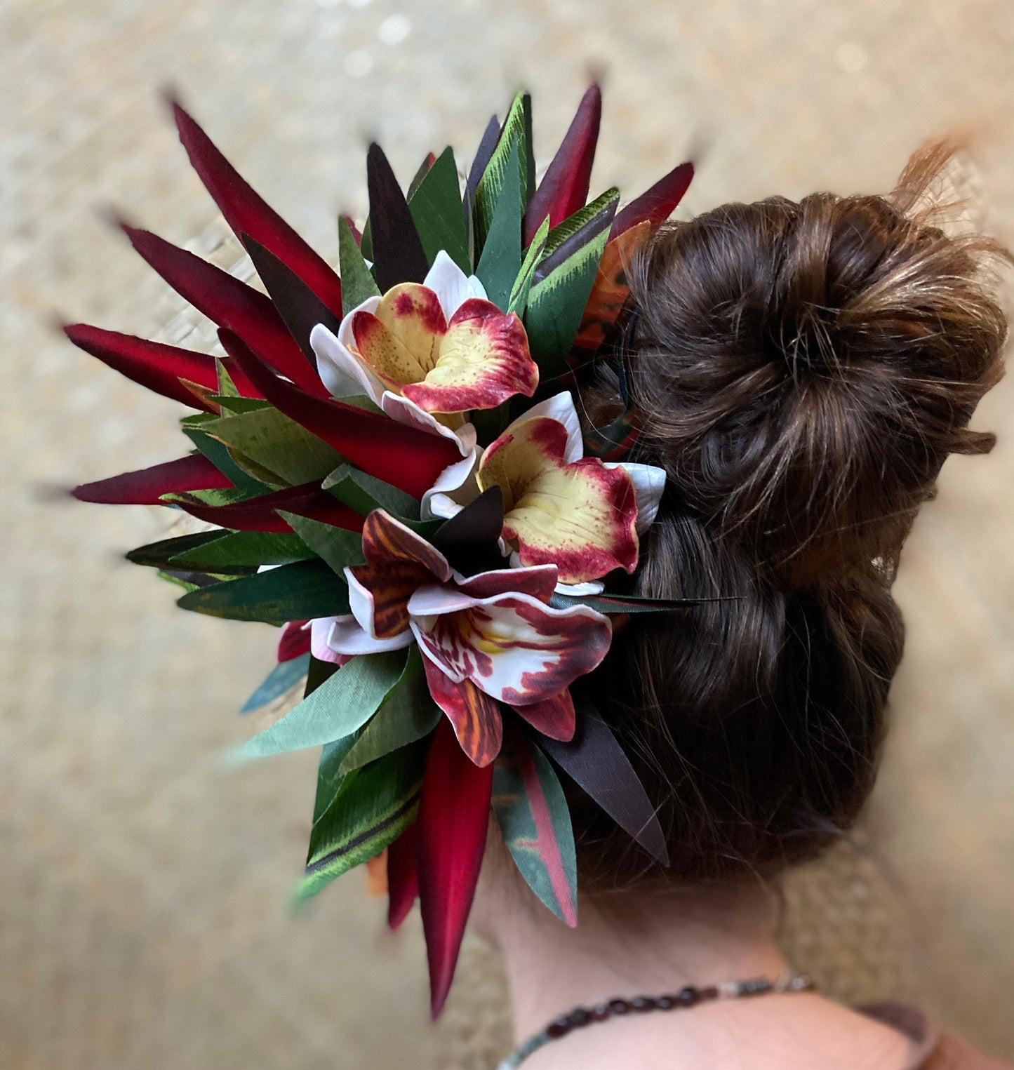 Hawaiian Queen Orchid Hair Clip Tahitian Headdress Costume Aparima Ahuroa Statement Piece Bird of Paradise Floral Artificial Ti Leaf Hairpin