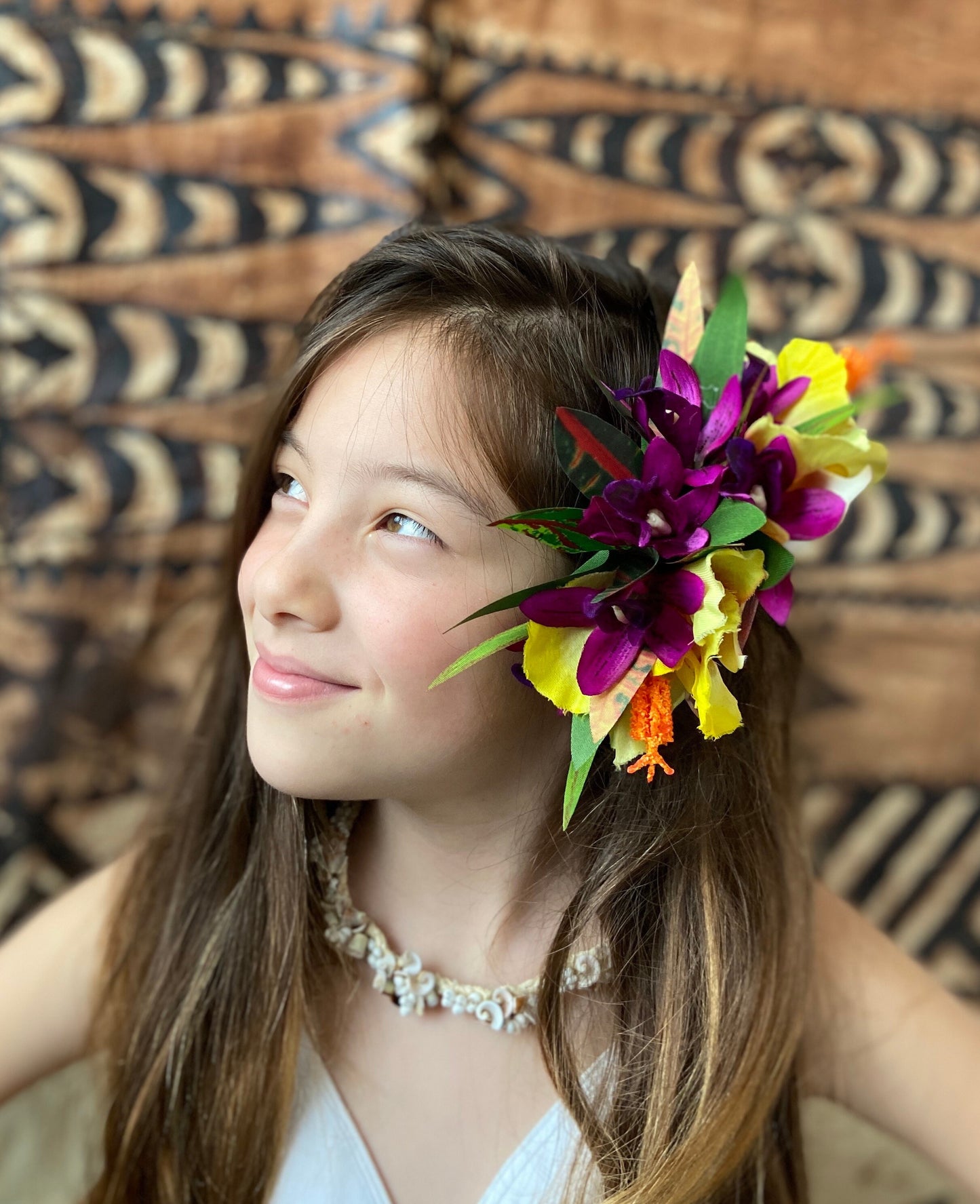 Hawaiian Hair Clip Tahitian Adornment Aparima Ahuroa Statement Piece Plumeria and Royal Polynesian Hibiscus Tropical Artificial Ti Leaf