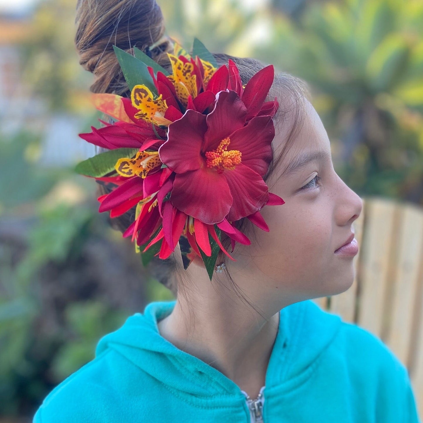 Hawaiian Flower Hair Clip Tahitian Costume Accessories Moonlight Hibiscus Artificial Ti Leaf Tropical Hairpin for Aparima Ahuroa Otea Solo