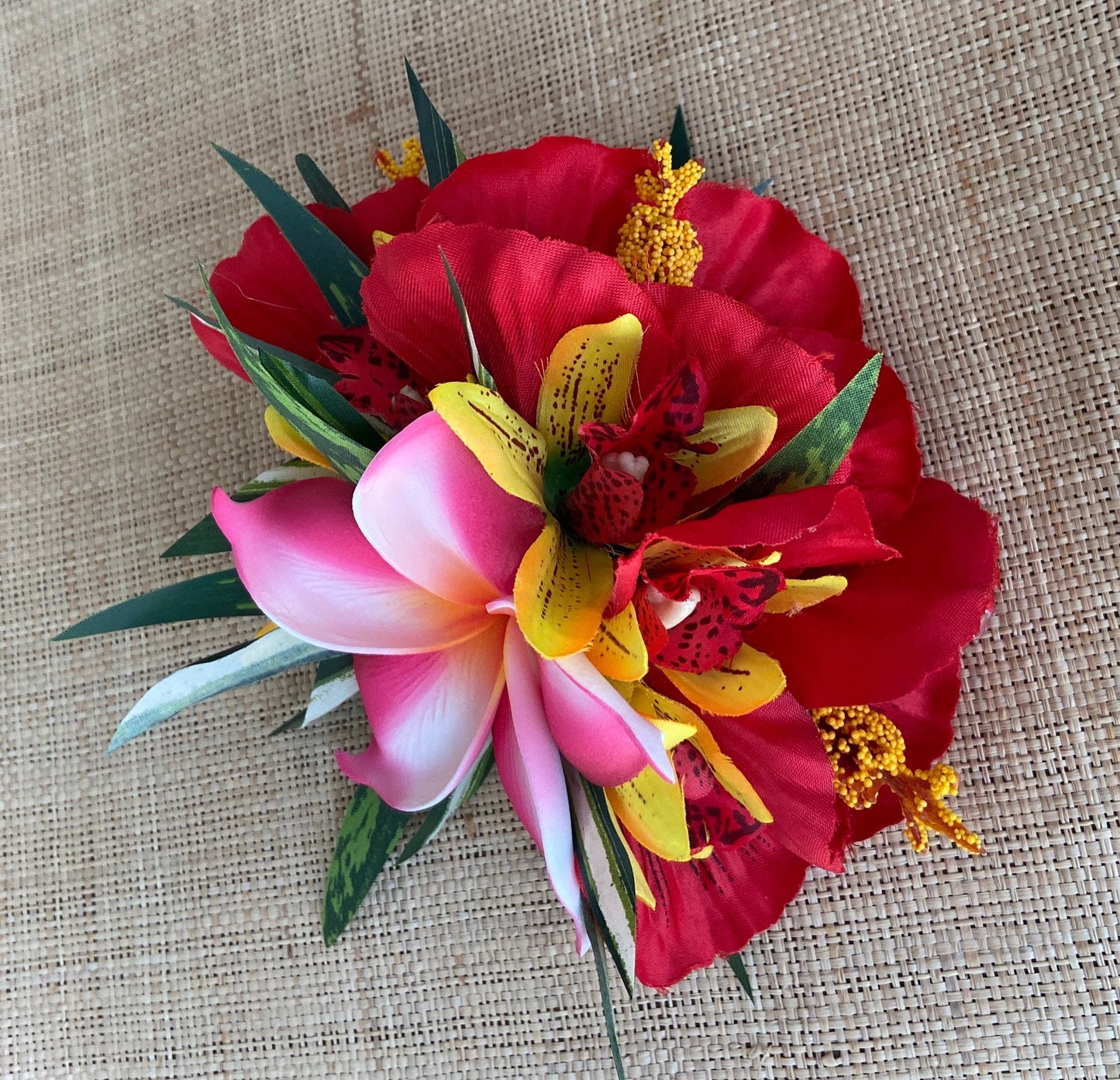 Hawaiian Hair Clip Fascinator Tahitian Aparima or Ahuroa Statement Piece Plumeria & Royal Polynesian Hibiscus Tropical Artificial Ti Leaf