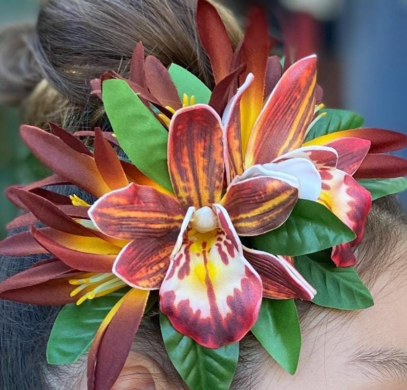 Royal Hawaiian Orchid Hair Clip Tahitian Headdress Costume Aparima Ahuroa Statement Piece Spider Lily Floral Artificial Ti Leaf Hairpin