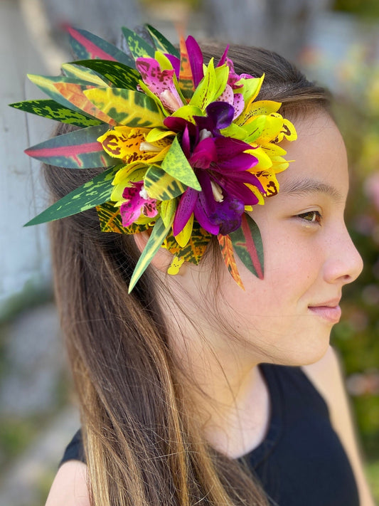 Hawaiian Hair Clip Tahitian Costume Orchids & Fire Croton Artificial Silk Ti Leaves Polynesian Dance Haku Lei Heiva Headdress Flower Crown