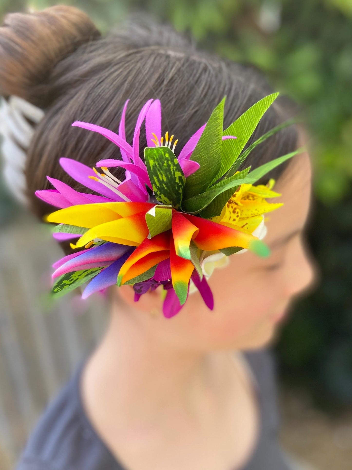 Hawaiian Hair Clip Tahitian Costume Hair Adornment Real Touch Plumeria Orchid Bird of Paradise Artificial Ti Leaf Tropical Hair Pin