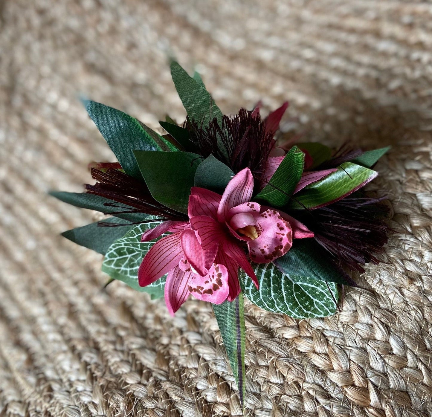 Hawaiian Hair Clip Tahitian Costume Adornment Princess Leopard Orchids & Samoan Hau Fau Hibiscus Fiber Artificial Ti Leaf Tropical Hair Pin