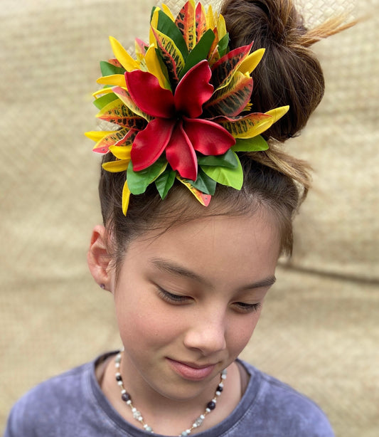 Ruffled Hawaiian Plumeria Hair Clip Tahitian Headdress Costume Aparima Ahuroa Statement Piece Croton Maile Floral Artificial Ti Leaf Hairpin