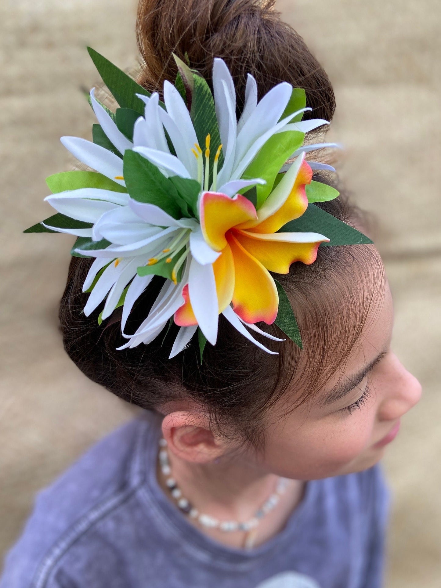 Ruffled Hawaiian Plumeria Hair Clip Tahitian Headdress Costume Aparima Ahuroa Statement Piece Croton Maile Floral Artificial Ti Leaf Hairpin
