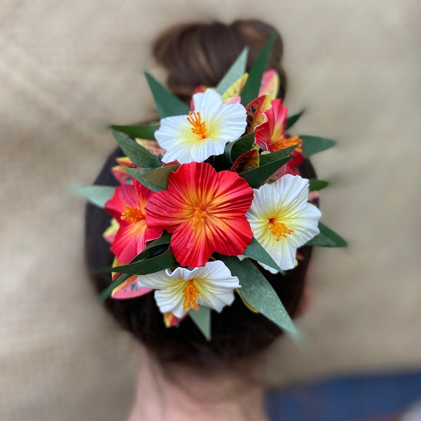 Royal Polynesian Hibiscus Hair Clip Tahitian Headdress Costume for Aparima Ahuroa Hula Statement Piece Bridal Plumeria Fascinator Hair Pin
