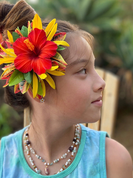 Ruffled Hawaiian Hibiscus Hair Clip Tahitian Headdress Costume Aparima Ahuroa Statement Piece Croton Maile Floral Artificial Ti Leaf Hairpin