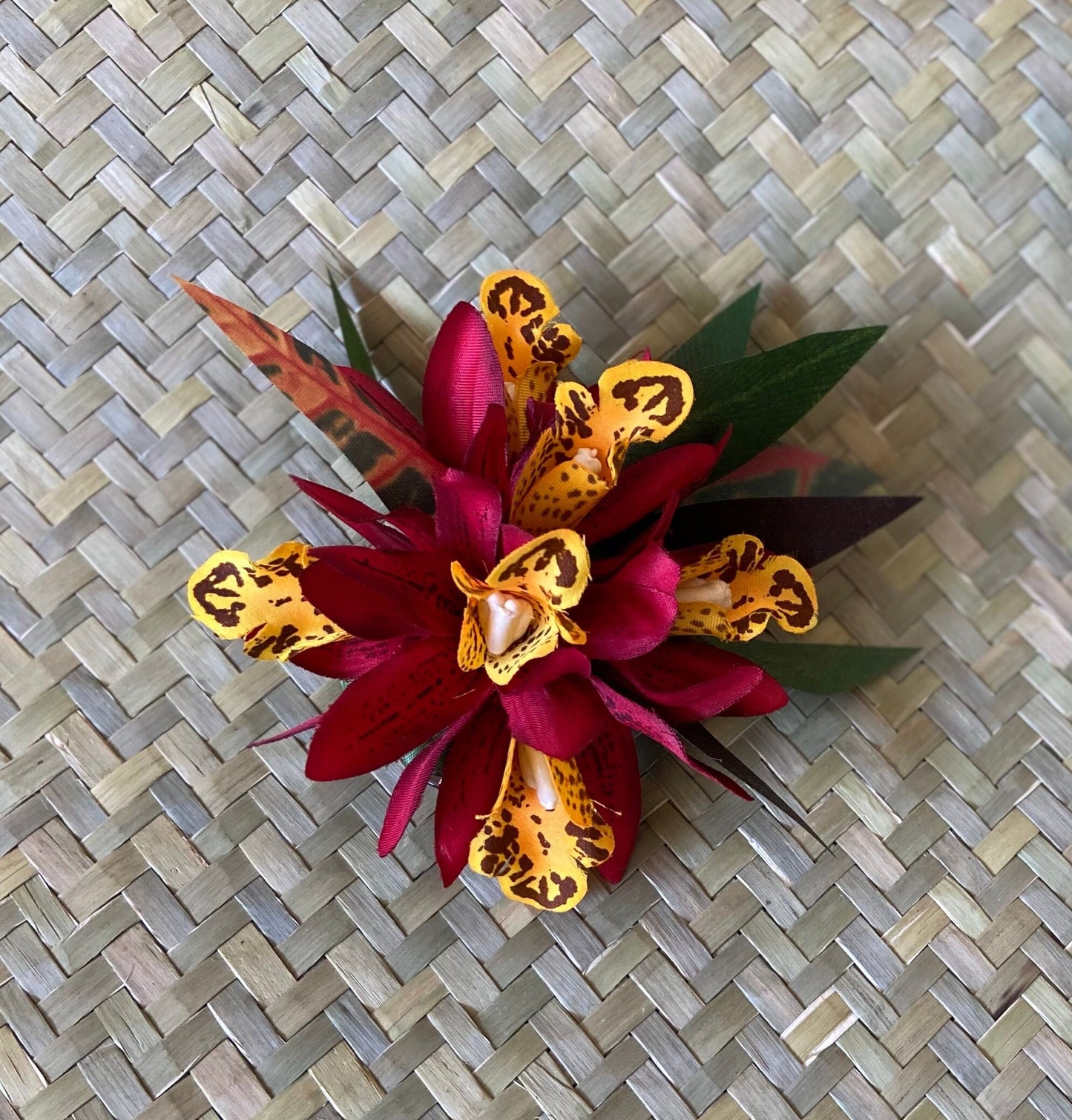 Royal Hawaiian Hair Clip Tahitian Costume Lava Red Orchids & Fire Croton Artificial Silk Ti Leaves Polynesian Dance Haku Lei