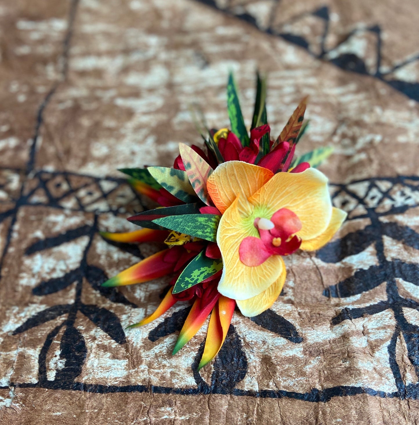 Hawaiian Flower Hair Clip Tahitian Costume Accessories Orchids & Heliconia Artificial Ti Leaf Tropical Hairpin for Aparima Ahuroa Otea Solo