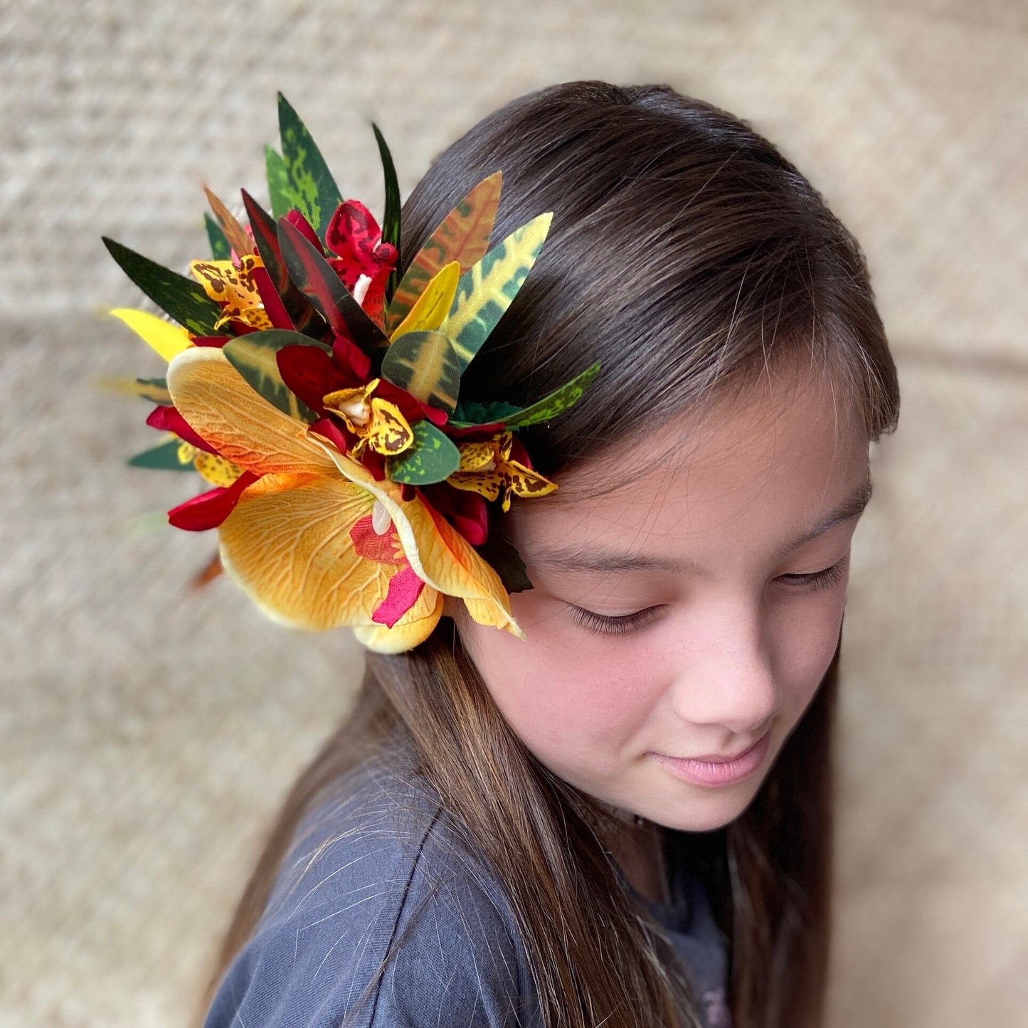 Hawaiian Flower Hair Clip Tahitian Costume Accessories Orchids & Heliconia Artificial Ti Leaf Tropical Hairpin for Aparima Ahuroa Otea Solo