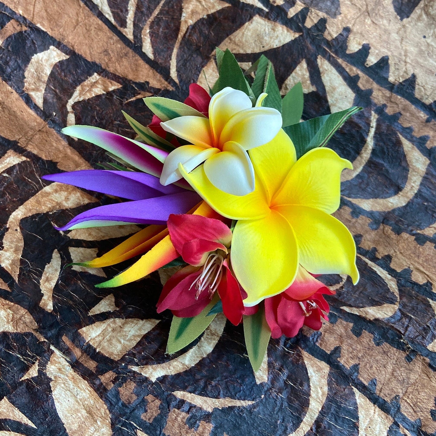 Hawaiian Hair Clip Tahitian Adornment Aparima Ahuroa Statement Piece Sunrise Sunset Twin Plumeria Vintage Tropical Elegant Hair Pin