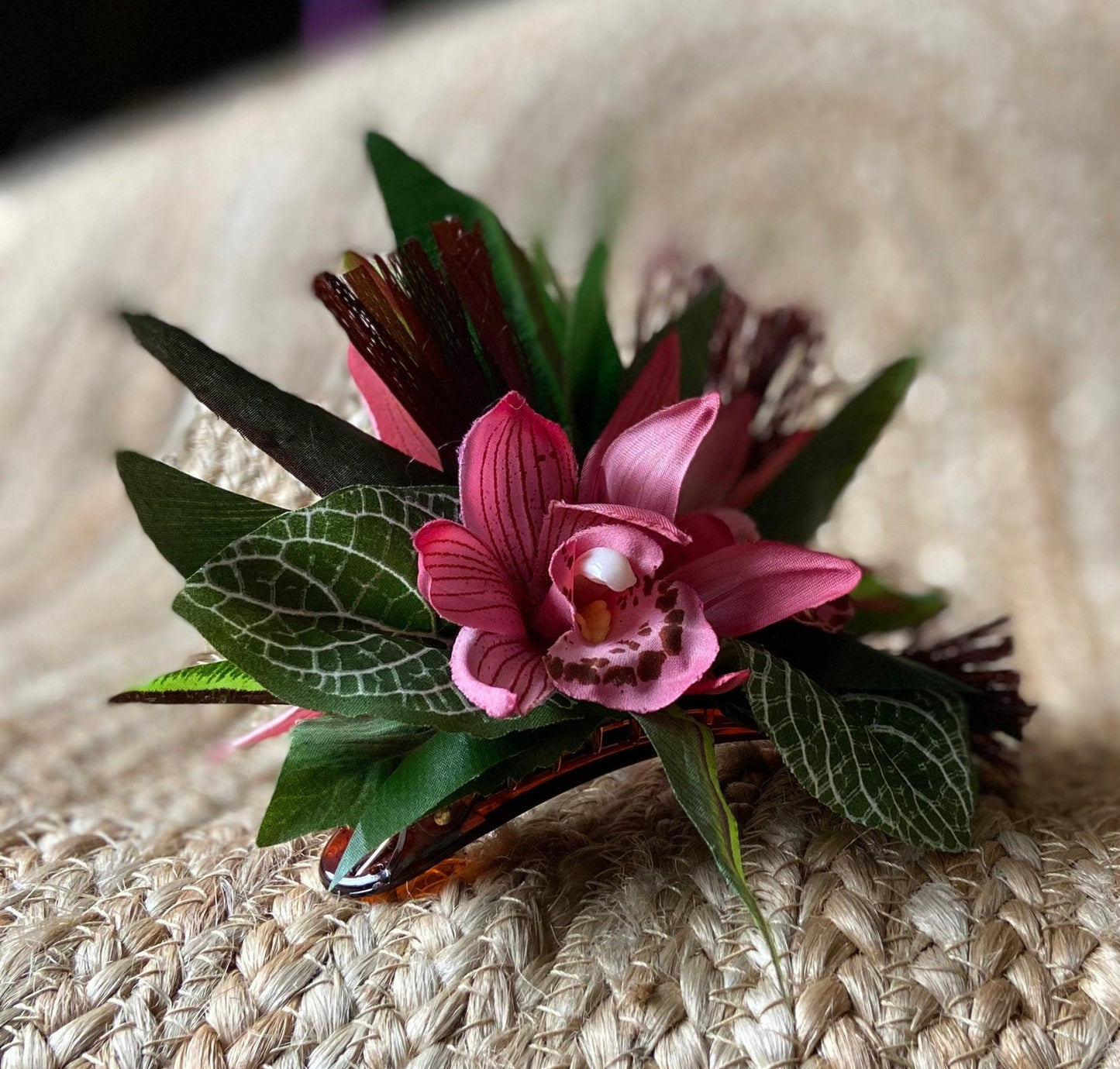 Hawaiian Hair Clip Tahitian Costume Adornment Princess Leopard Orchids & Samoan Hau Fau Hibiscus Fiber Artificial Ti Leaf Tropical Hair Pin