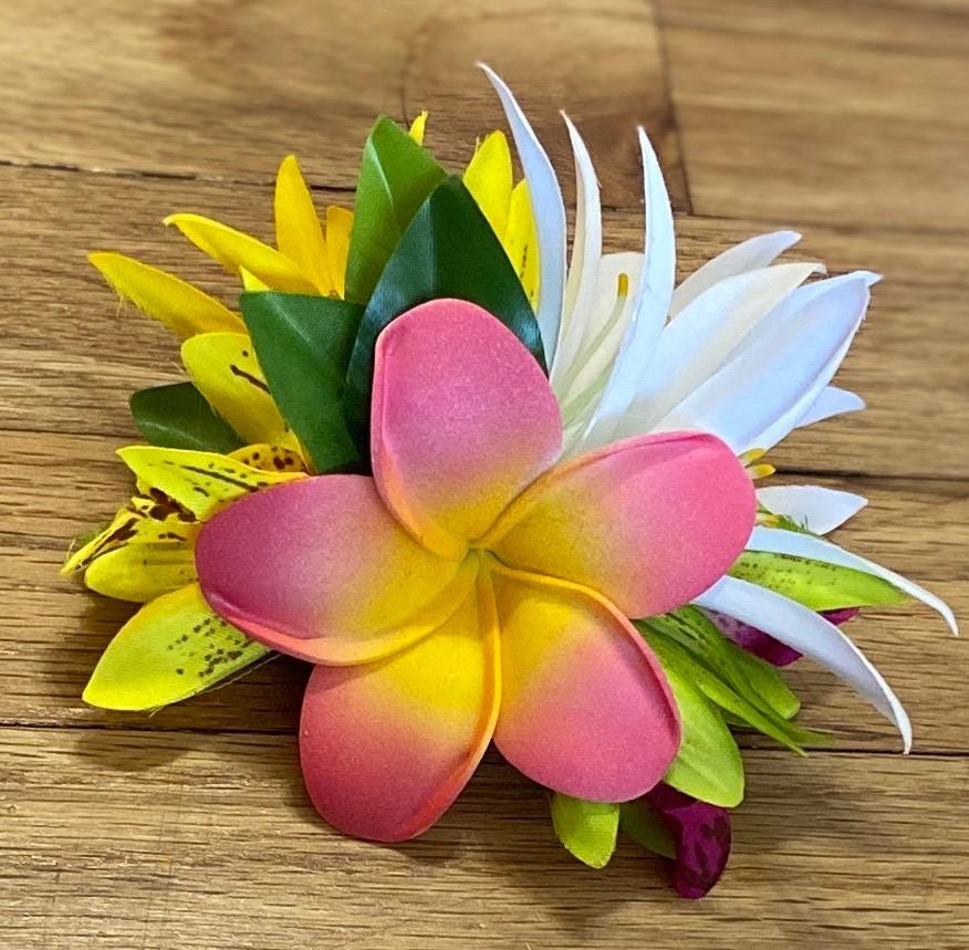 Hawaiian Plumeria Hair Clip Tahitian Costume Accessories Maile & Spider Lily Artificial Ti Leaf Tropical Hairpin Aparima Ahuroa Otea Solo