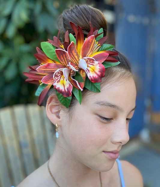 Royal Hawaiian Orchid Hair Clip Tahitian Headdress Costume Aparima Ahuroa Statement Piece Spider Lily Floral Artificial Ti Leaf Hairpin