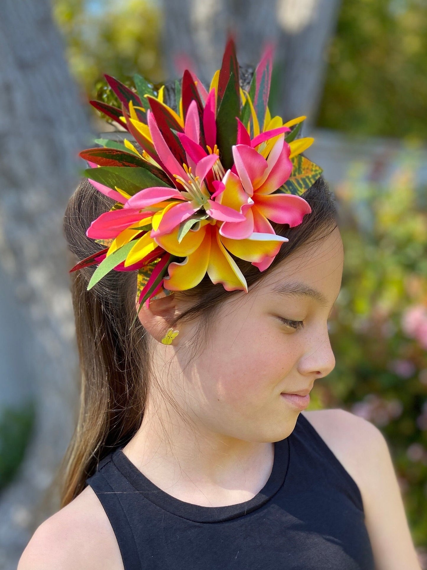 Hawaiian Hair Clip Tahitian Adornment Aparima Ahuroa Statement Piece Sunrise Sunset Twin Plumeria Vintage Tropical Elegant Hair Pin