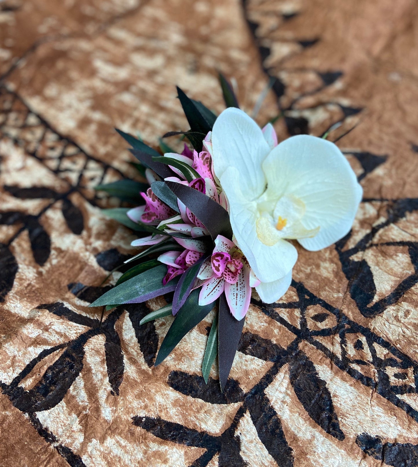 Hawaiian Flower Hair Clip Tahitian Costume Accessories Orchids & Heliconia Artificial Ti Leaf Tropical Hairpin for Aparima Ahuroa Otea Solo