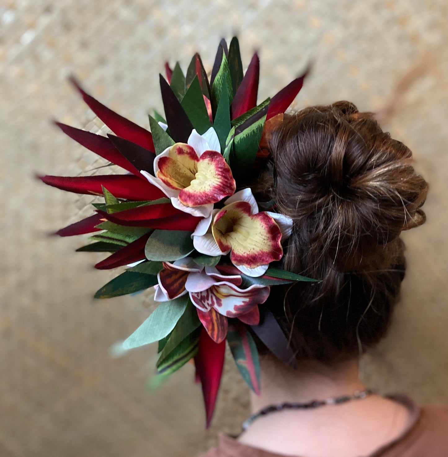 Hawaiian Queen Orchid Hair Clip Tahitian Headdress Costume Aparima Ahuroa Statement Piece Bird of Paradise Floral Artificial Ti Leaf Hairpin