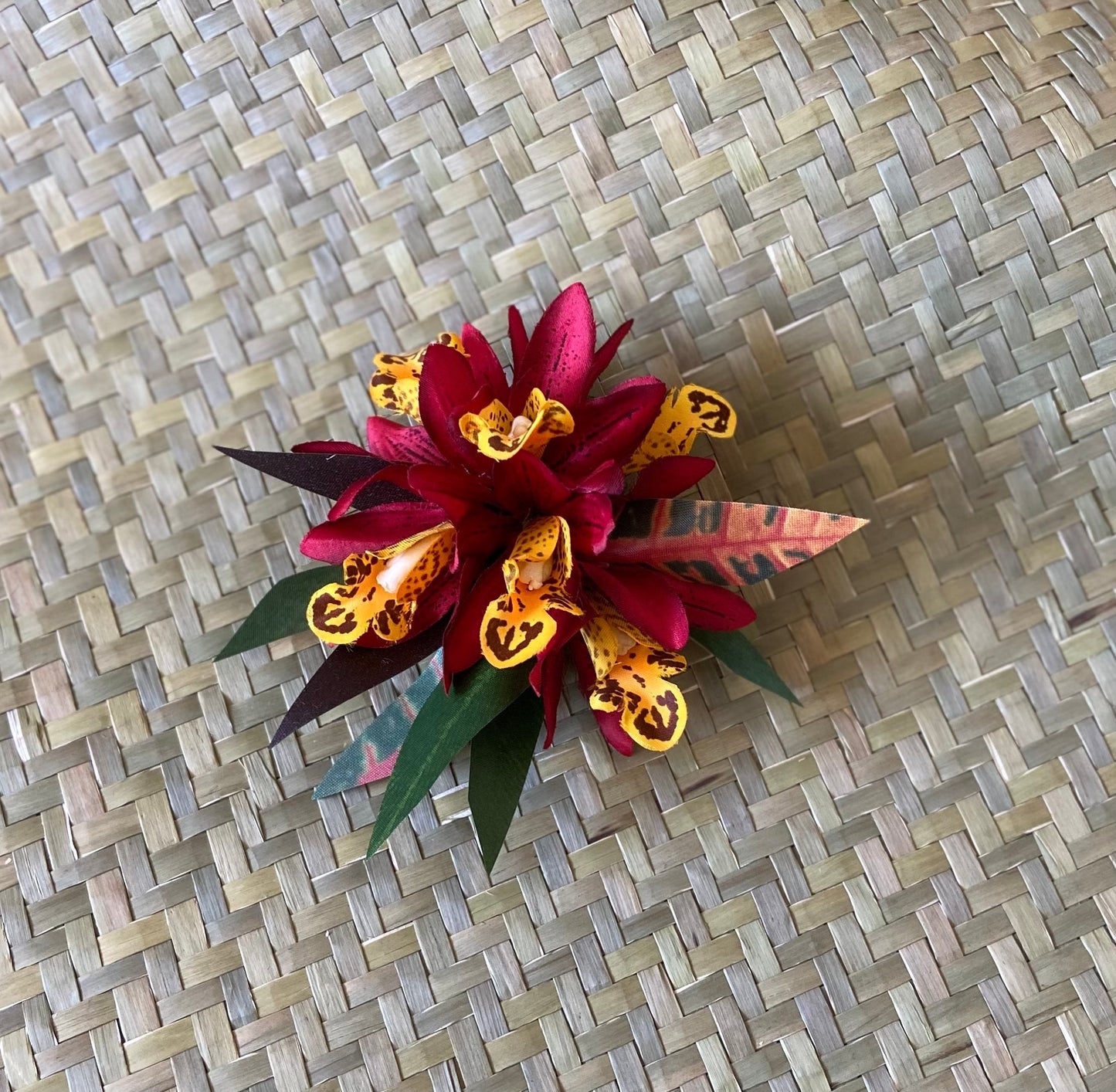 Royal Hawaiian Hair Clip Tahitian Costume Lava Red Orchids & Fire Croton Artificial Silk Ti Leaves Polynesian Dance Haku Lei