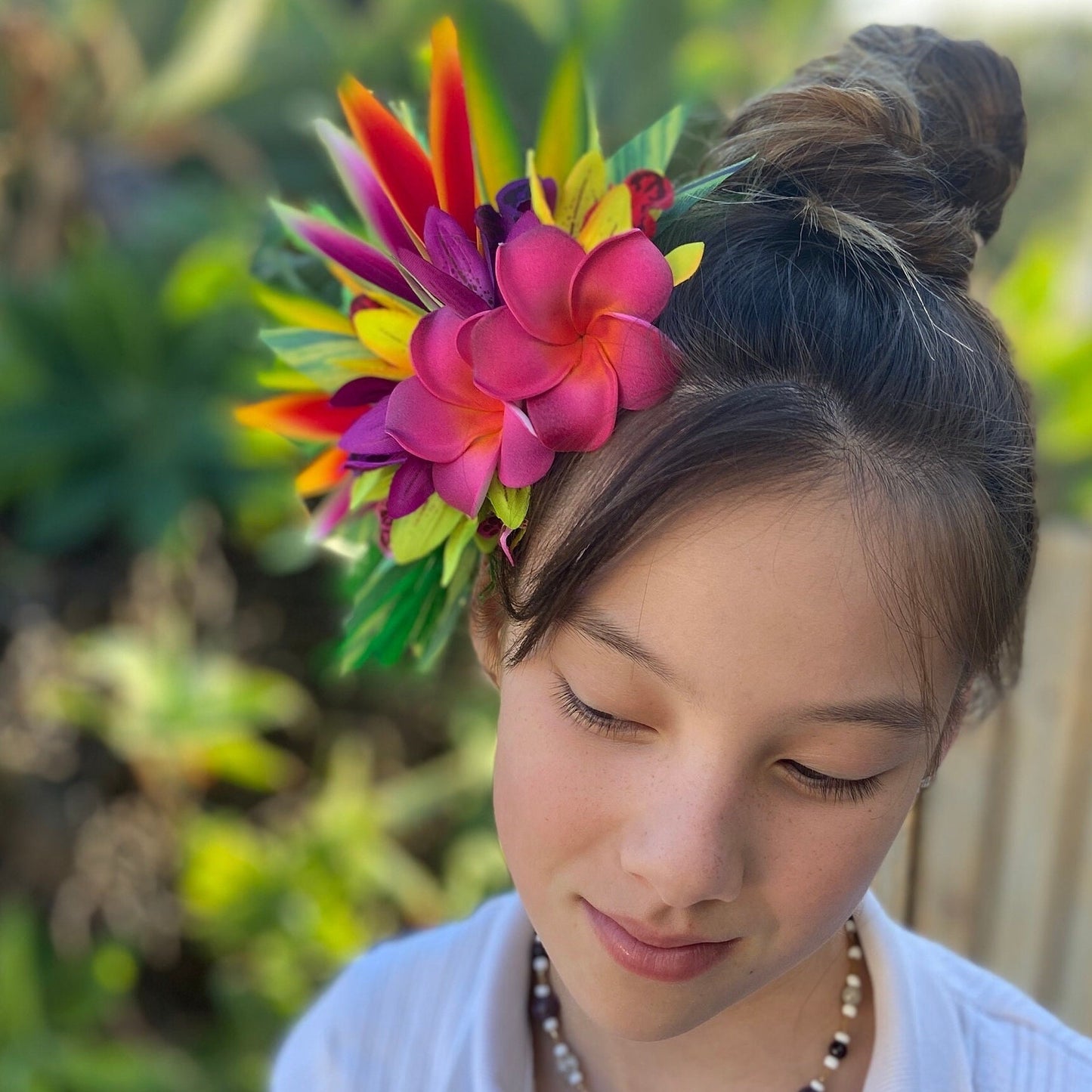 Polynesian Plumeria Hair Clip Tahitian Headdress Costume for Aparima Ahuroa Hula Statement Piece Bridal Heliconia Orchid Fascinator Hair Pin