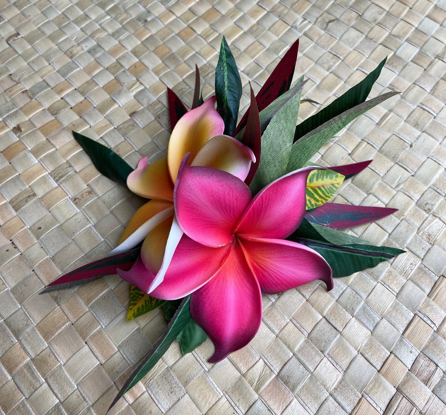 Hawaiian Hair Clip Tahitian Adornment Aparima Ahuroa Statement Piece Sunrise Sunset Twin Plumeria Vintage Tropical Elegant Hair Pin