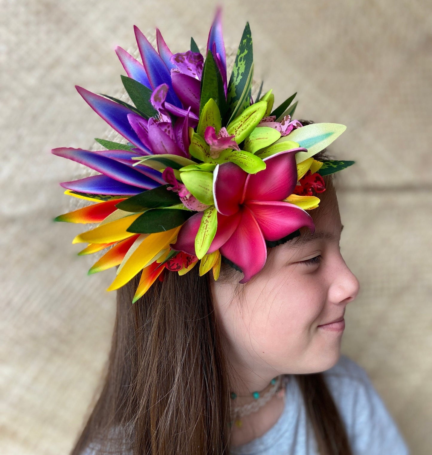 Hawaiian Hair Clip Tahitian Adornment Aparima Ahuroa Statement Piece Plumeria Orchid Bird of Paradise Artificial Ti Leaf Tropical Hair Pin