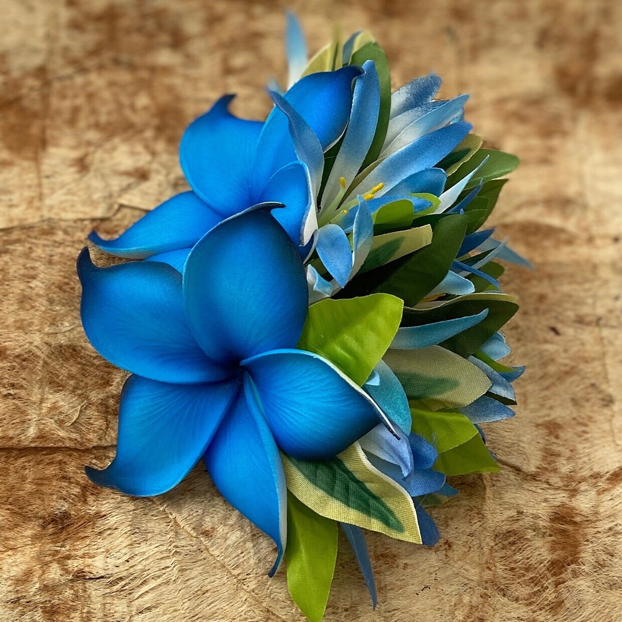 Double Hawaiian Plumeria Hair Clip Tahitian Headdress Costume Aparima Ahuroa Statement Piece Croton Maile Floral Artificial Ti Leaf Hairpin