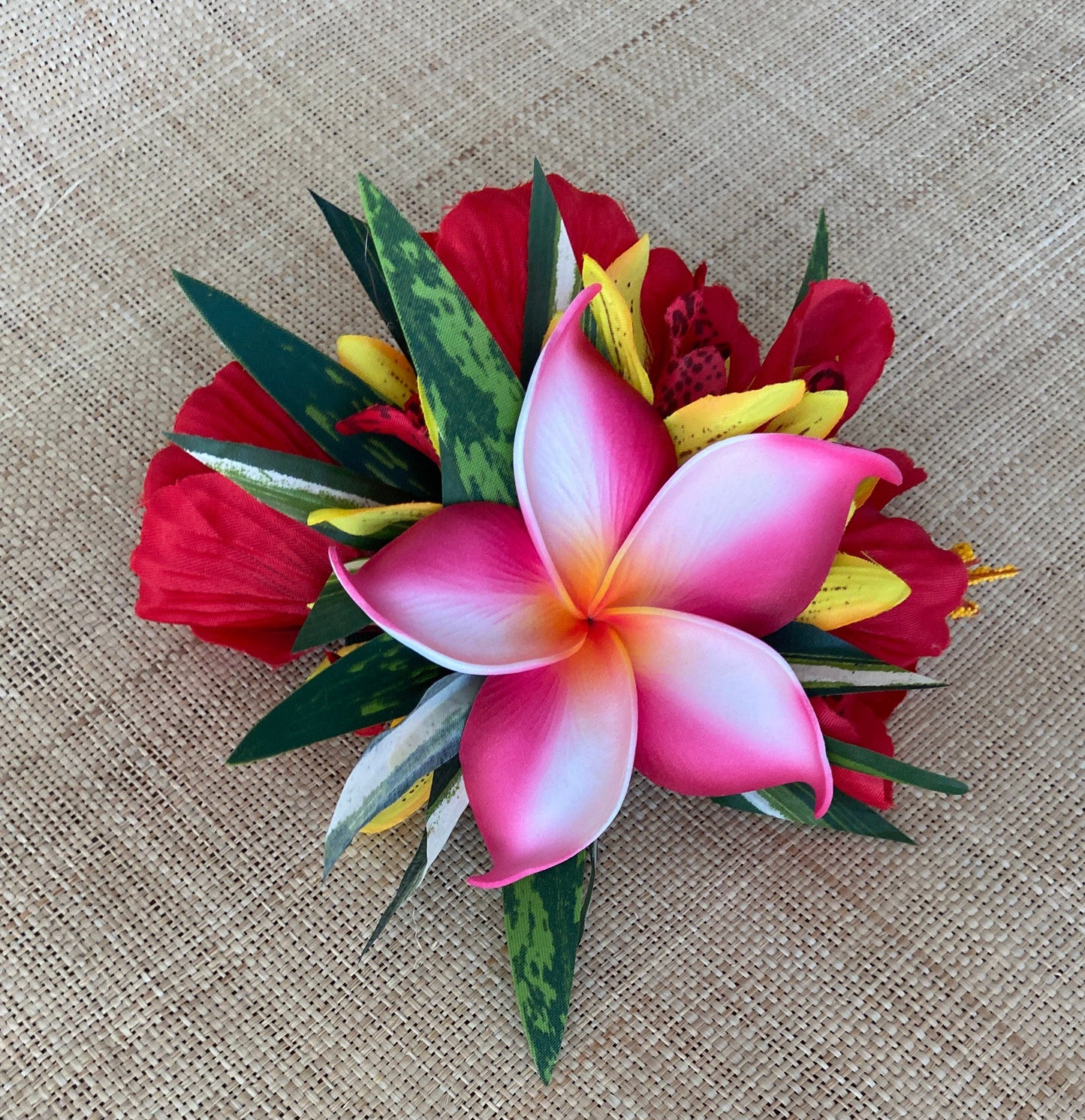 Hawaiian Hair Clip Fascinator Tahitian Aparima or Ahuroa Statement Piece Plumeria & Royal Polynesian Hibiscus Tropical Artificial Ti Leaf