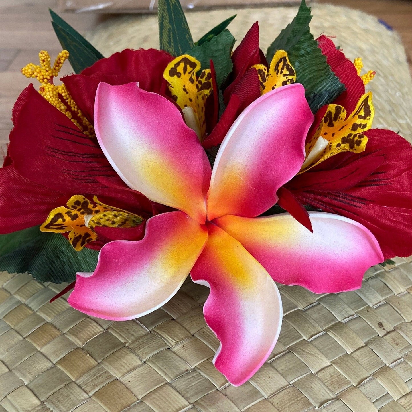 Hawaiian Hair Clip Tahitian Adornment Aparima Ahuroa Statement Piece Plumeria and Royal Polynesian Hibiscus Tropical Artificial Ti Leaf