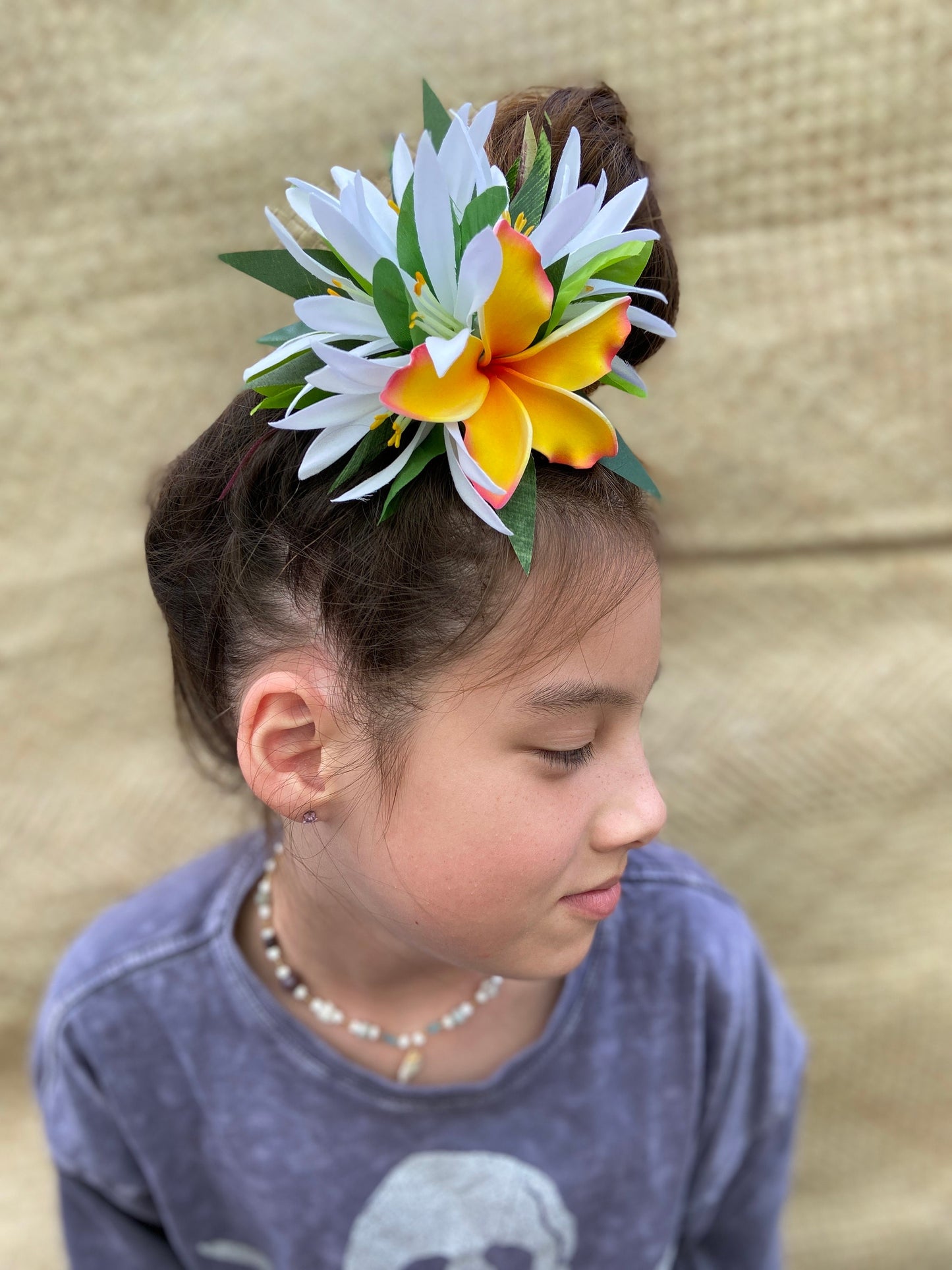 Ruffled Hawaiian Plumeria Hair Clip Tahitian Headdress Costume Aparima Ahuroa Statement Piece Croton Maile Floral Artificial Ti Leaf Hairpin