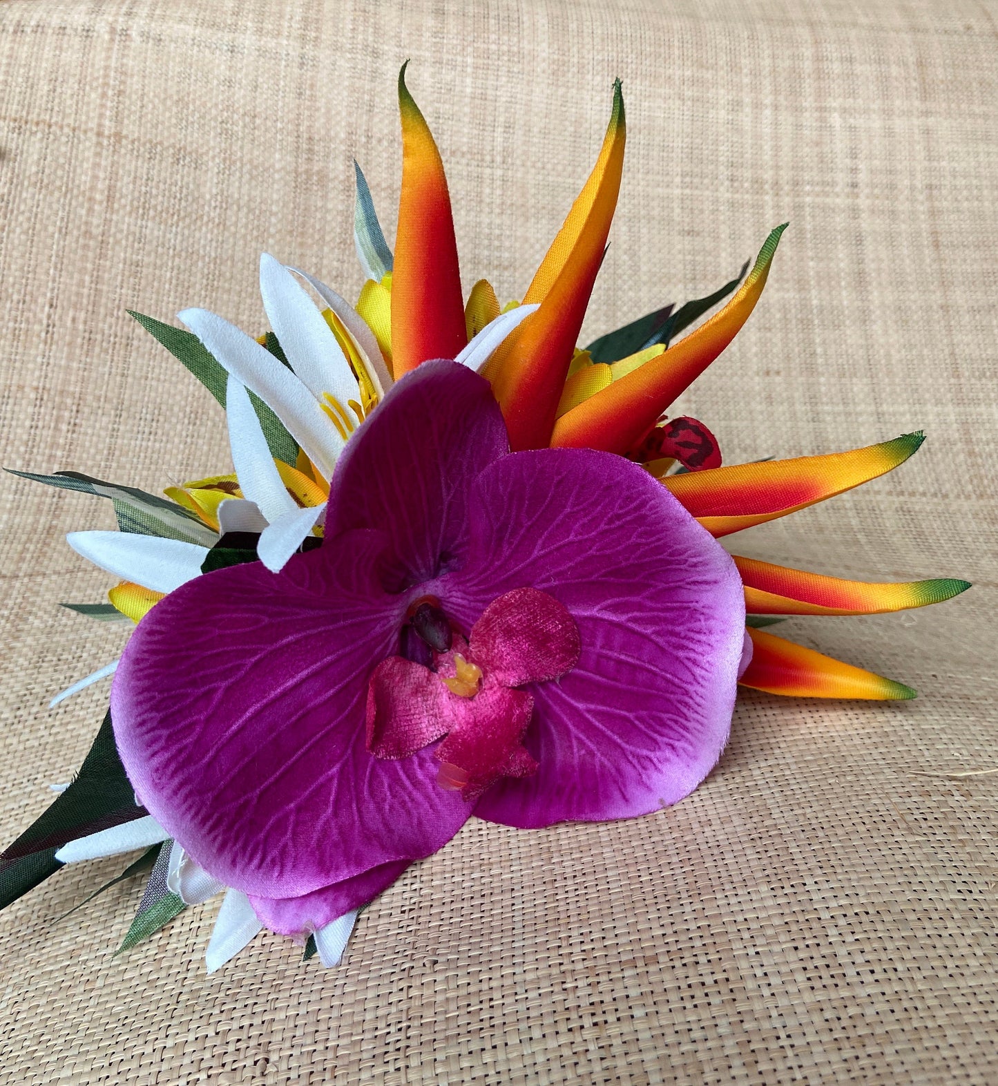 Hawaiian Flower Hair Clip Tahitian Costume Accessories Orchids & Heliconia Artificial Ti Leaf Tropical Hair Pin