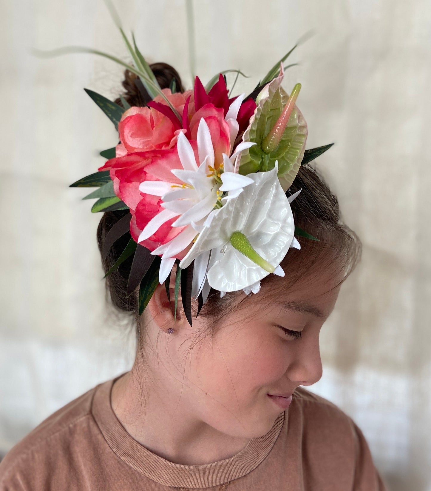 Royal Sunset Anthurium Hair Clip Tahitian Headdress Costume for Aparima Ahuroa Hula Statement Piece Bridal Plumeria Fascinator Hair Pin