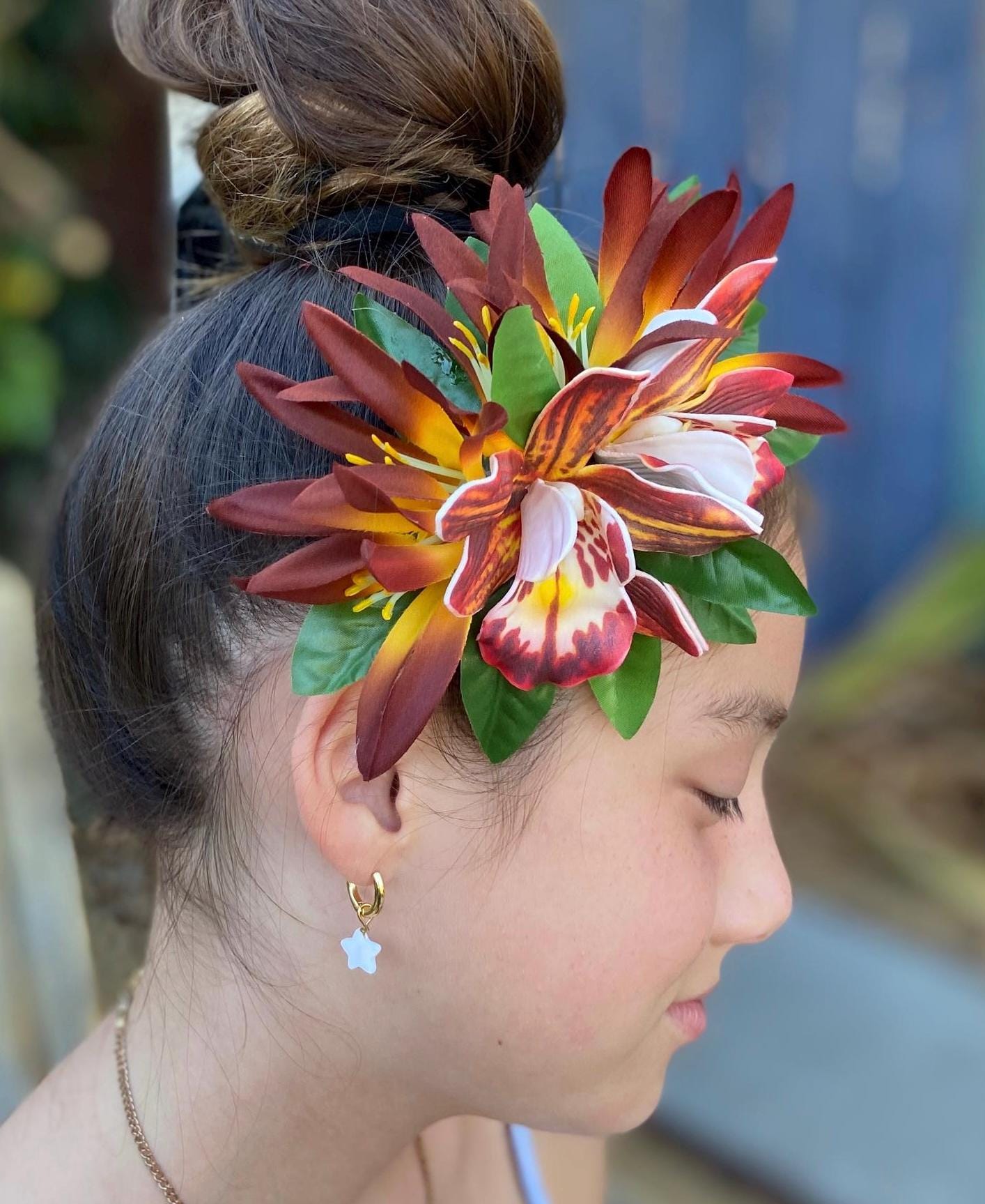 Royal Hawaiian Orchid Hair Clip Tahitian Headdress Costume Aparima Ahuroa Statement Piece Spider Lily Floral Artificial Ti Leaf Hairpin