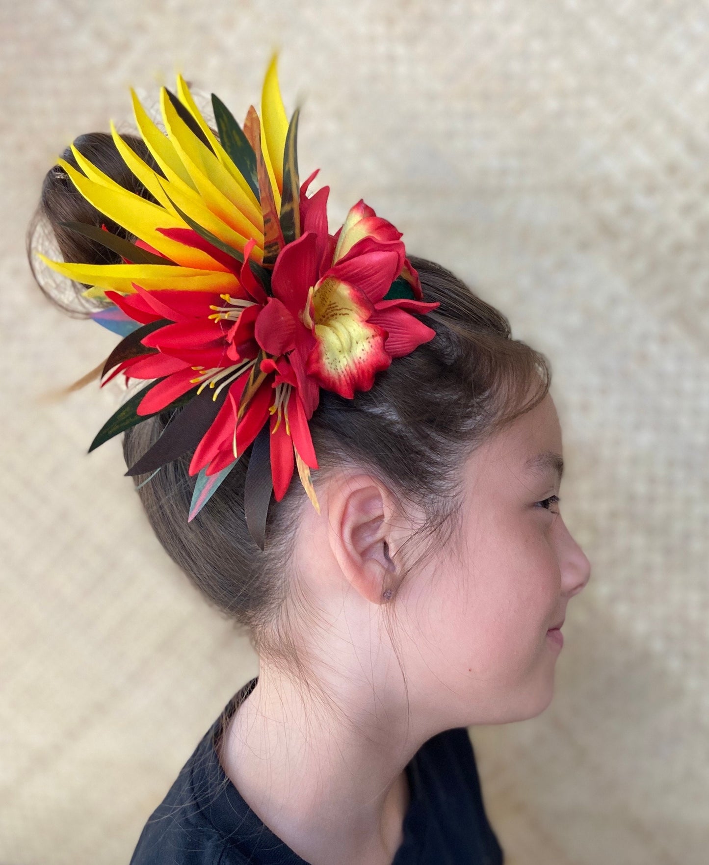 Royal Hawaiian Orchid Hair Clip Tahitian Headdress Costume Aparima Ahuroa Statement Piece Spider Lily Floral Artificial Ti Leaf Hairpin