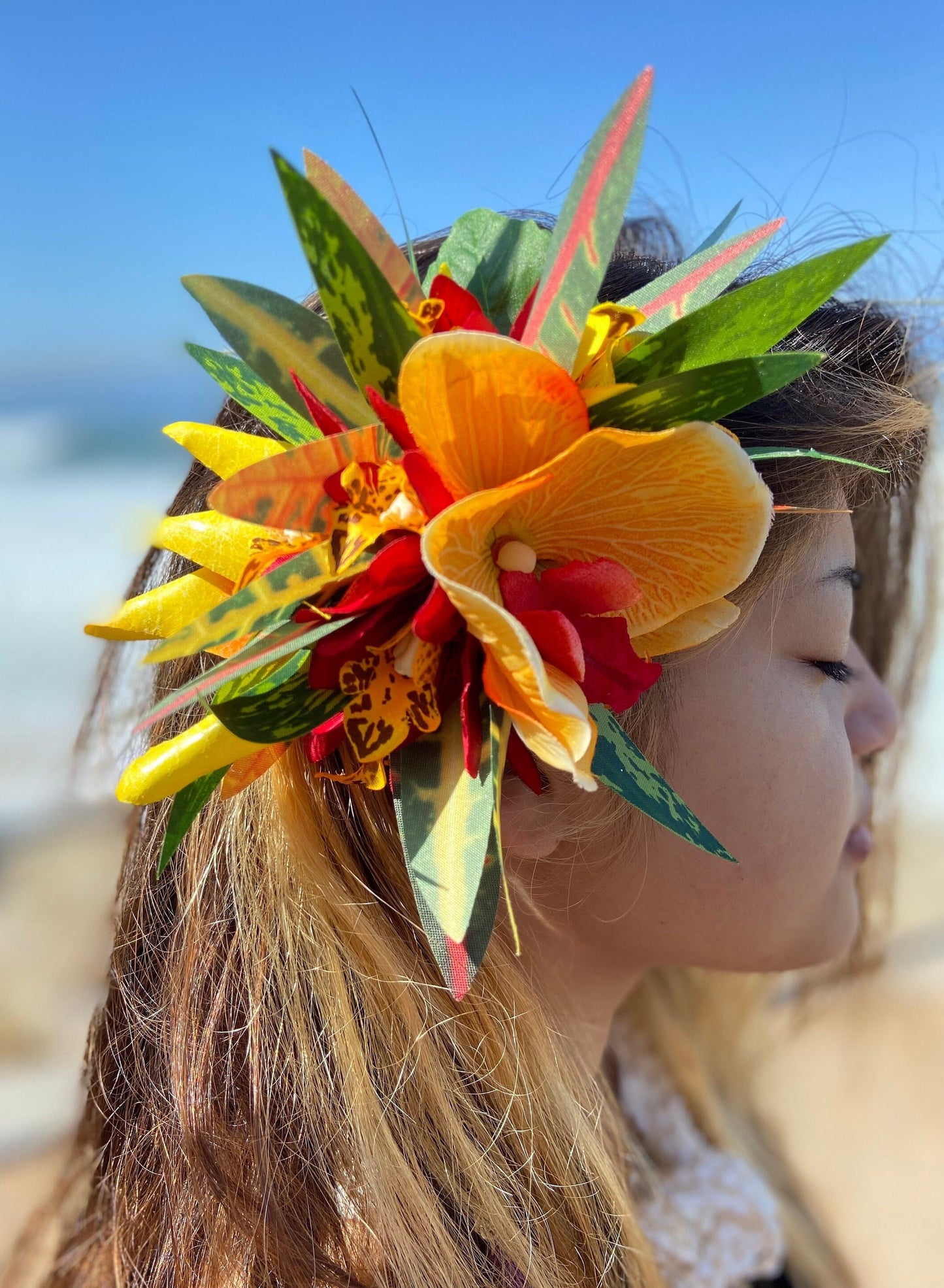 Hawaiian Flower Hair Clip Tahitian Costume Accessories Orchids & Heliconia Artificial Ti Leaf Tropical Hairpin for Aparima Ahuroa Otea Solo