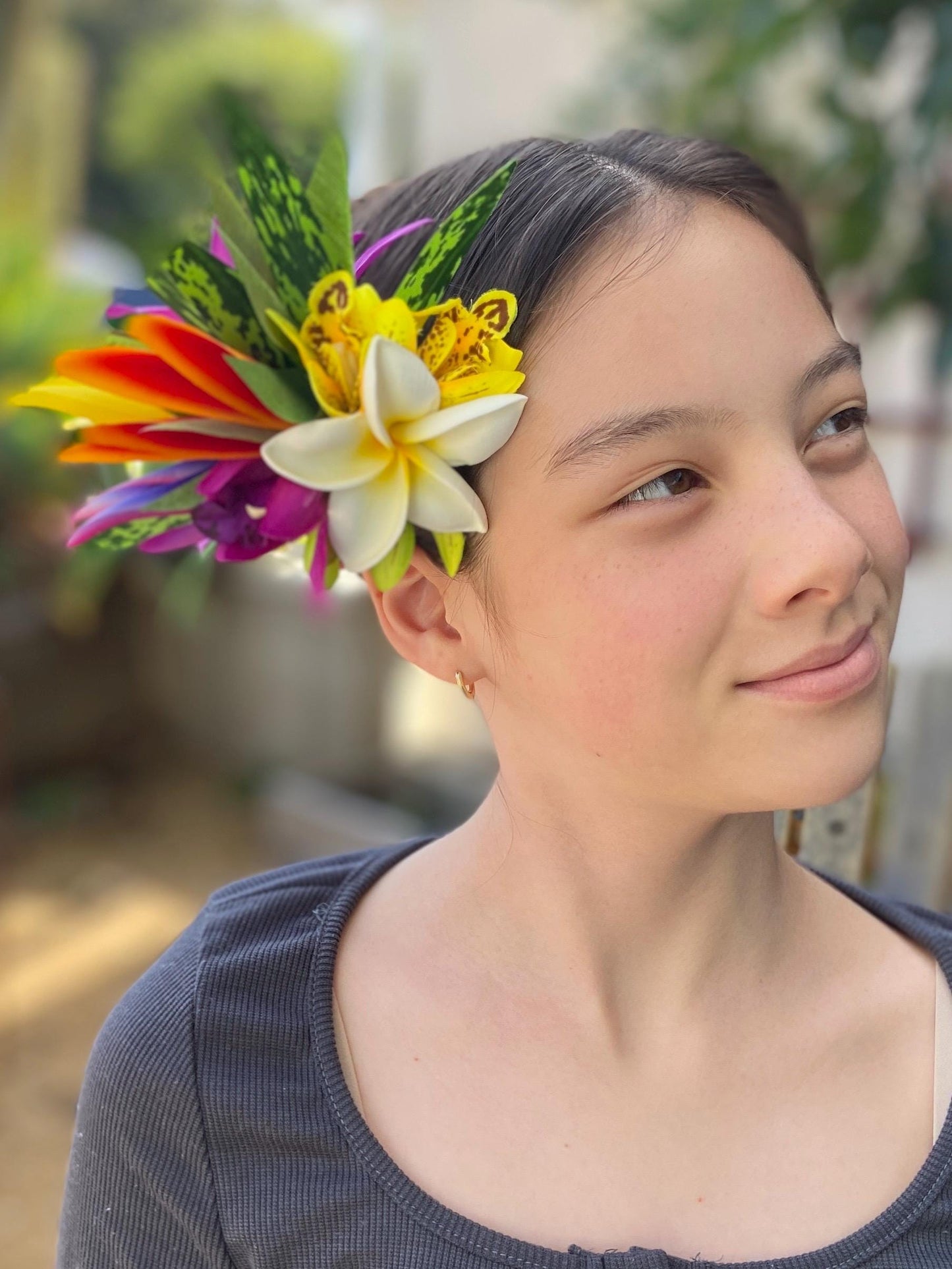 Hawaiian Hair Clip Tahitian Costume Hair Adornment Real Touch Plumeria Orchid Bird of Paradise Artificial Ti Leaf Tropical Hair Pin