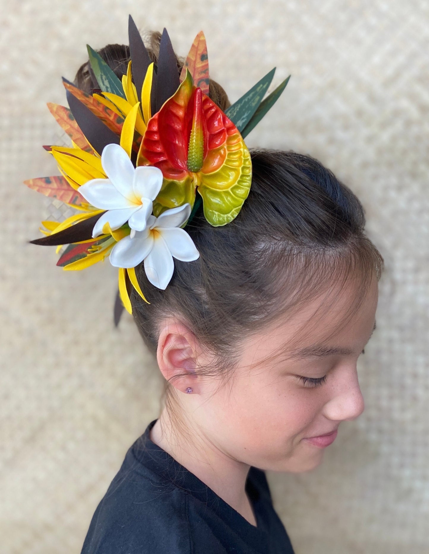 Royal Sunset Anthurium Hair Clip Tahitian Headdress Costume for Aparima Ahuroa Hula Statement Piece Bridal Plumeria Fascinator Hair Pin