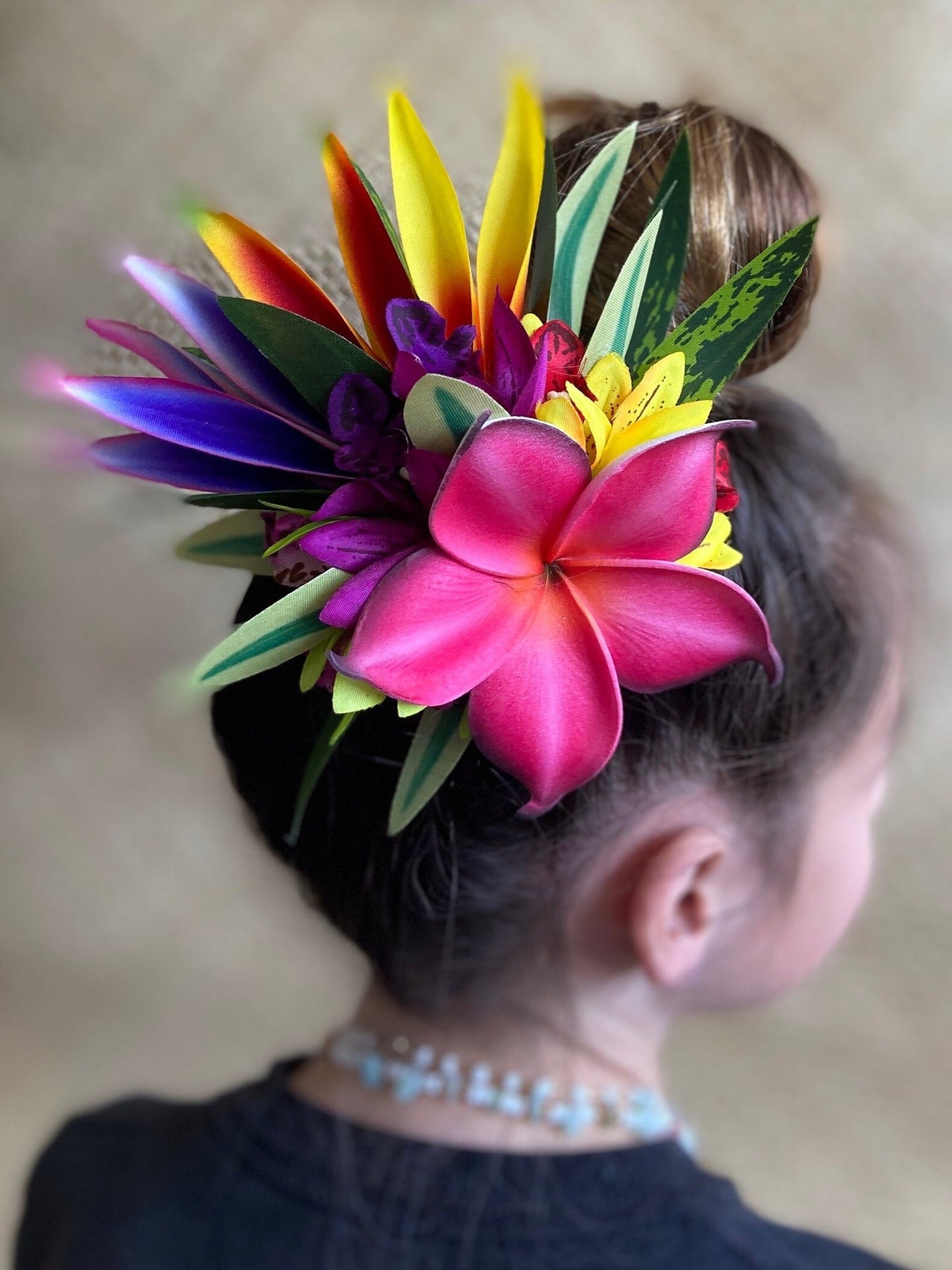 Hawaiian Hair Clip Tahitian Adornment Aparima Ahuroa Statement Piece Plumeria Orchid Bird of Paradise Artificial Ti Leaf Tropical Hair Pin
