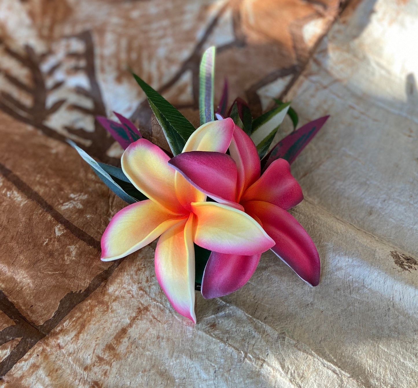 Hawaiian Hair Clip Tahitian Adornment Aparima Ahuroa Statement Piece Sunrise Sunset Twin Plumeria Vintage Tropical Elegant Hair Pin