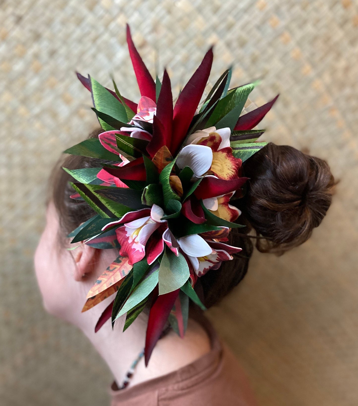 Hawaiian Queen Orchid Hair Clip Tahitian Headdress Costume Aparima Ahuroa Statement Piece Bird of Paradise Floral Artificial Ti Leaf Hairpin