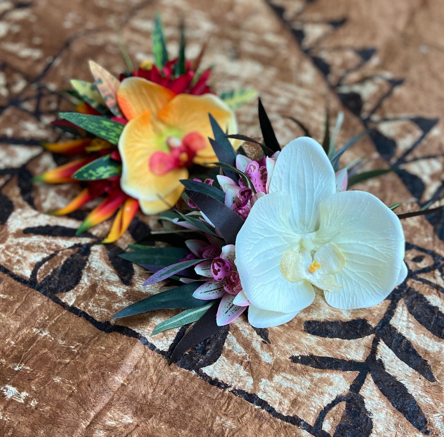 Hawaiian Flower Hair Clip Tahitian Costume Accessories Orchids & Heliconia Artificial Ti Leaf Tropical Hairpin for Aparima Ahuroa Otea Solo