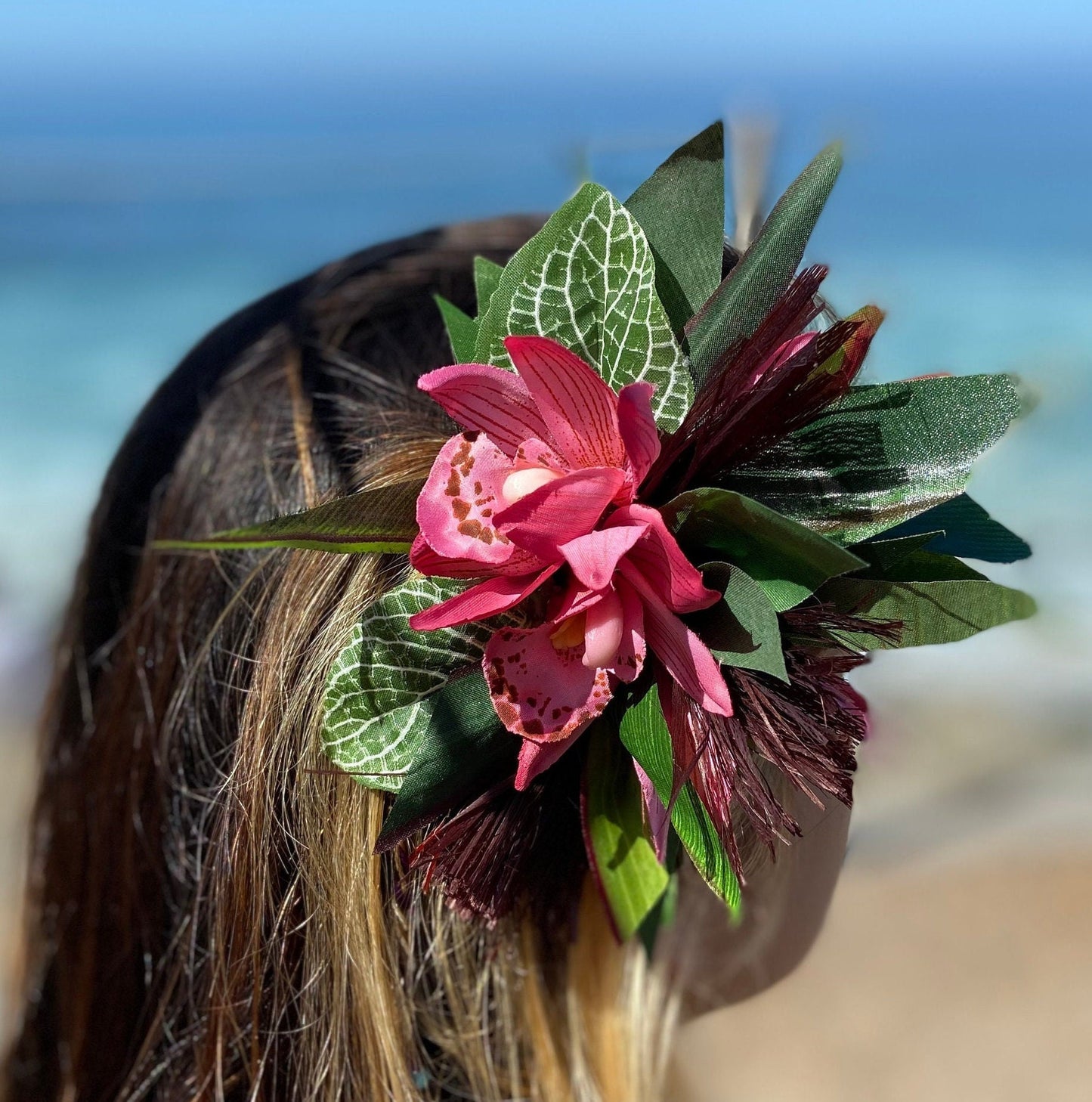 Hawaiian Hair Clip Tahitian Costume Adornment Princess Leopard Orchids & Samoan Hau Fau Hibiscus Fiber Artificial Ti Leaf Tropical Hair Pin