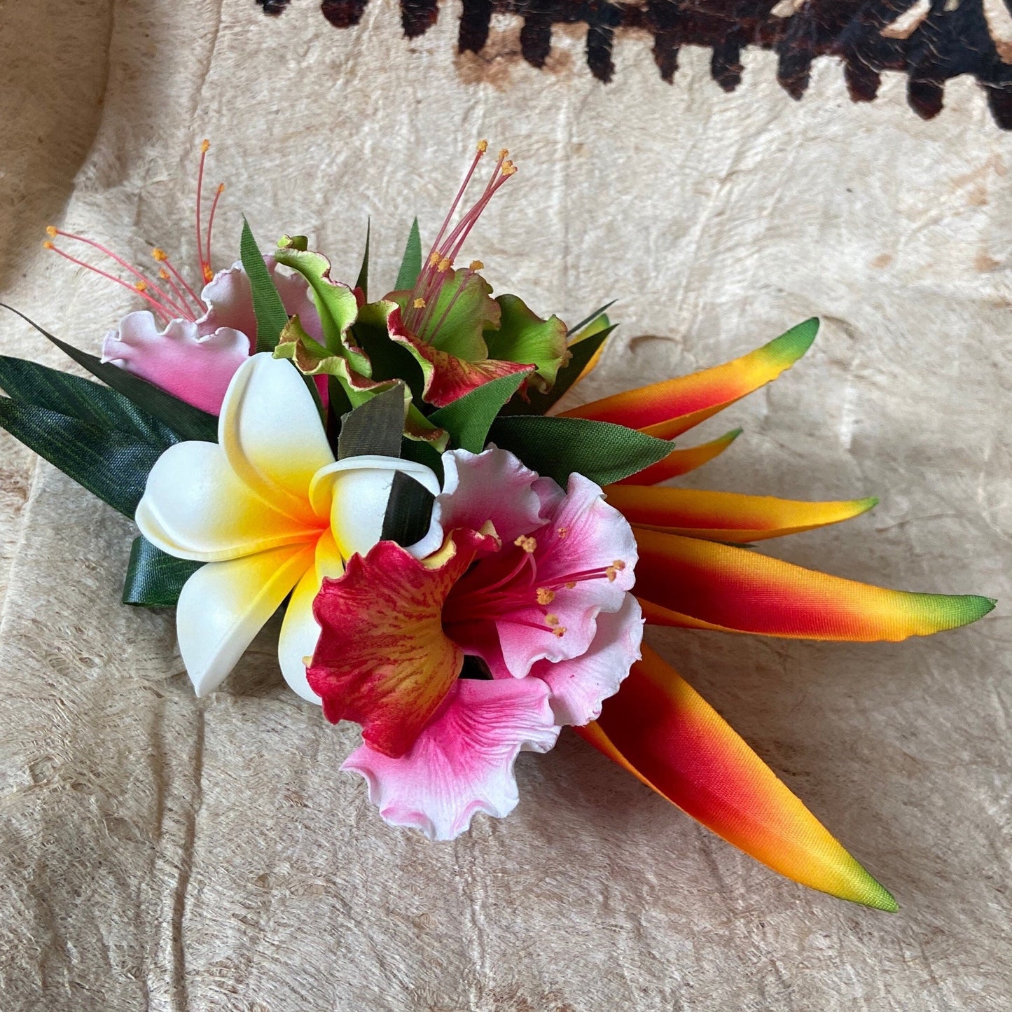 Hawaiian Ohai Ali’i Hair Clip Tahitian Headdress Costume Aparima Ahuroa Statement Piece Bridal Plumeria Artificial Ti Leaf Hair Pin