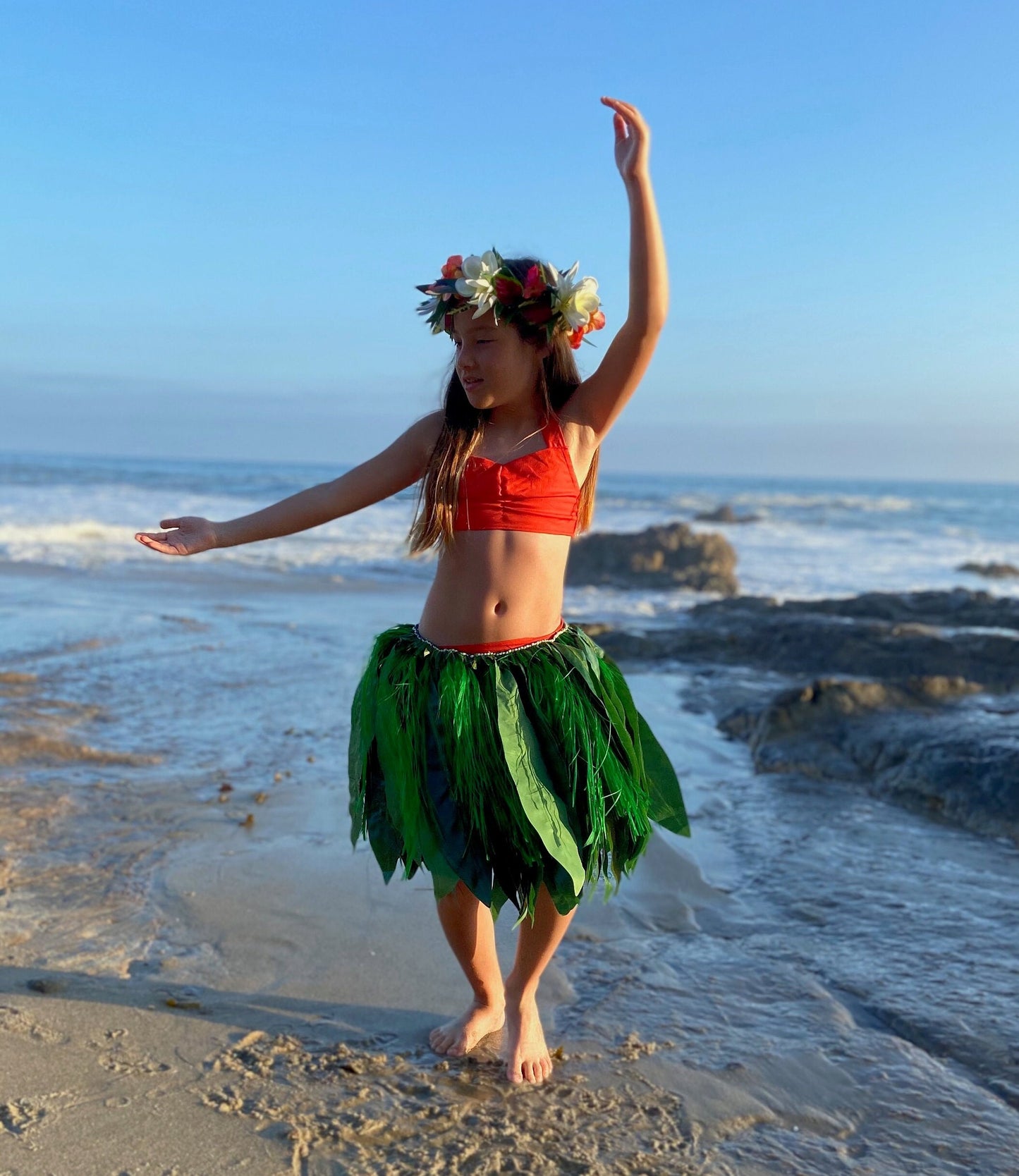 Keiki Silk Ti Leaf Skirt with Hawaiian Hau Mor'e Champion Grade Tamarii Premium Competition Quality Hula Kahiko Professional Photography