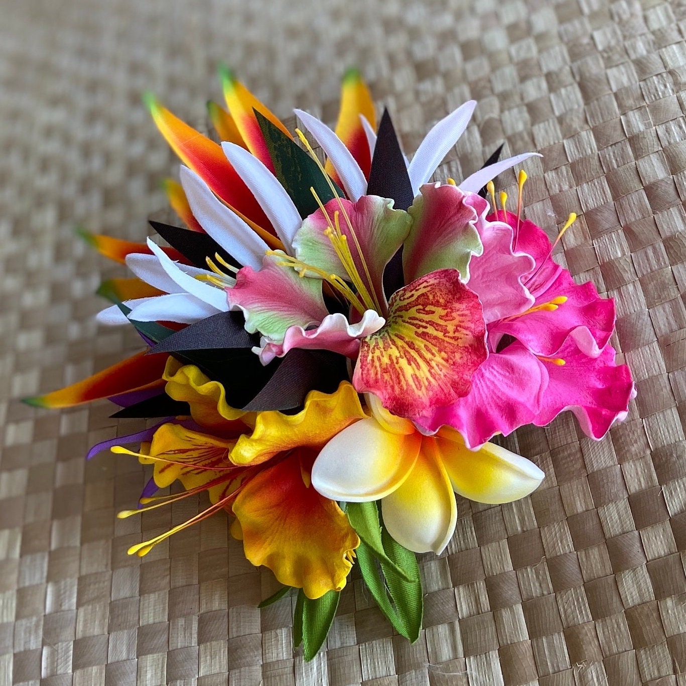 Hawaiian Ohai Ali’i Hair Clip Tahitian Headdress Costume Aparima Ahuroa Statement Piece Bridal Plumeria Artificial Ti Leaf Hair Pin